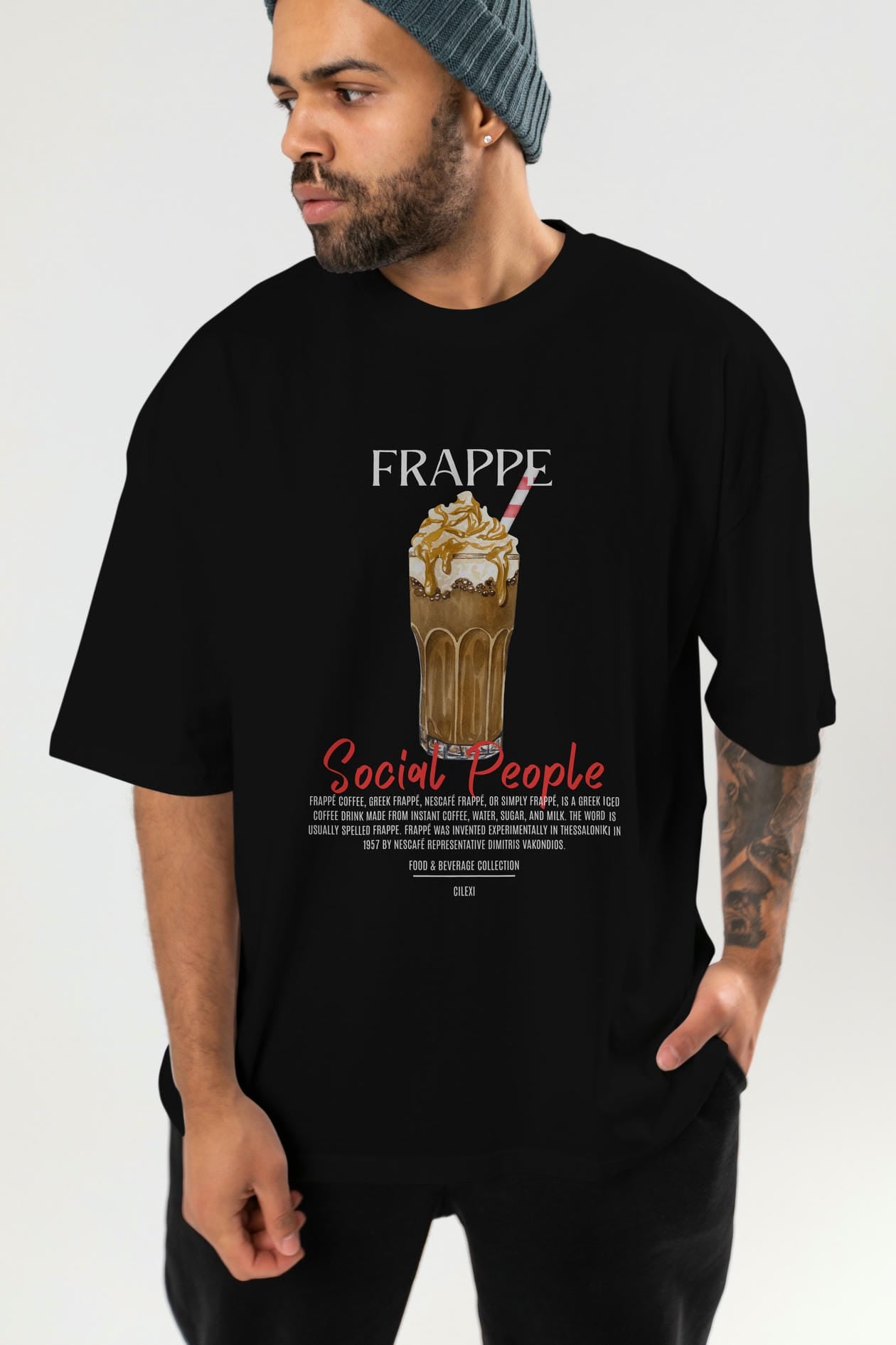 Frappe Kokteyl Serisi ön Baskılı Oversize t-shirt Erkek Kadın %100 Pamuk Bisiklet Yaka tişort