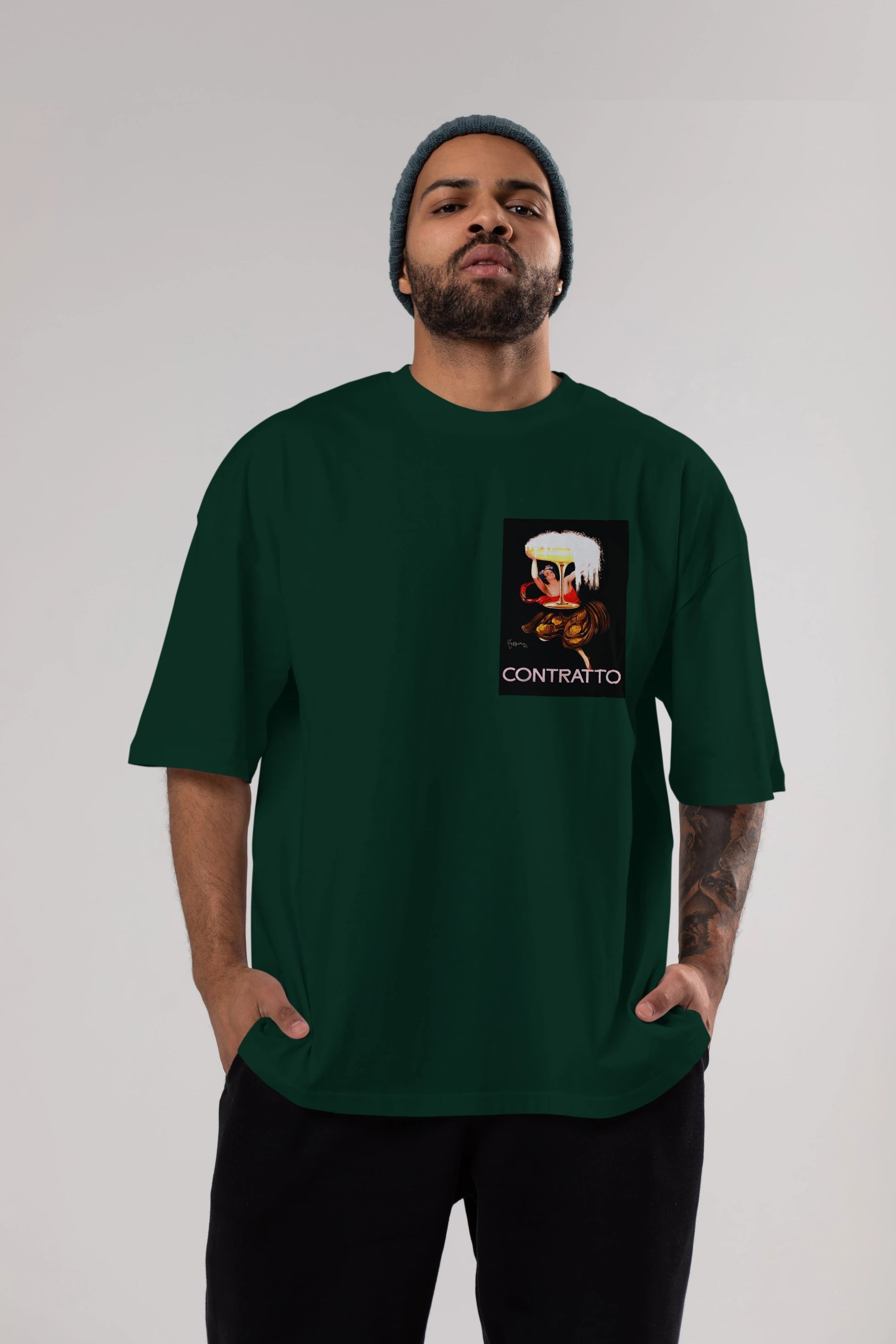 Contratto Ön Sol Baskılı Oversize t-shirt Erkek Kadın Unisex %100 Pamuk Bisiklet Yaka tişort