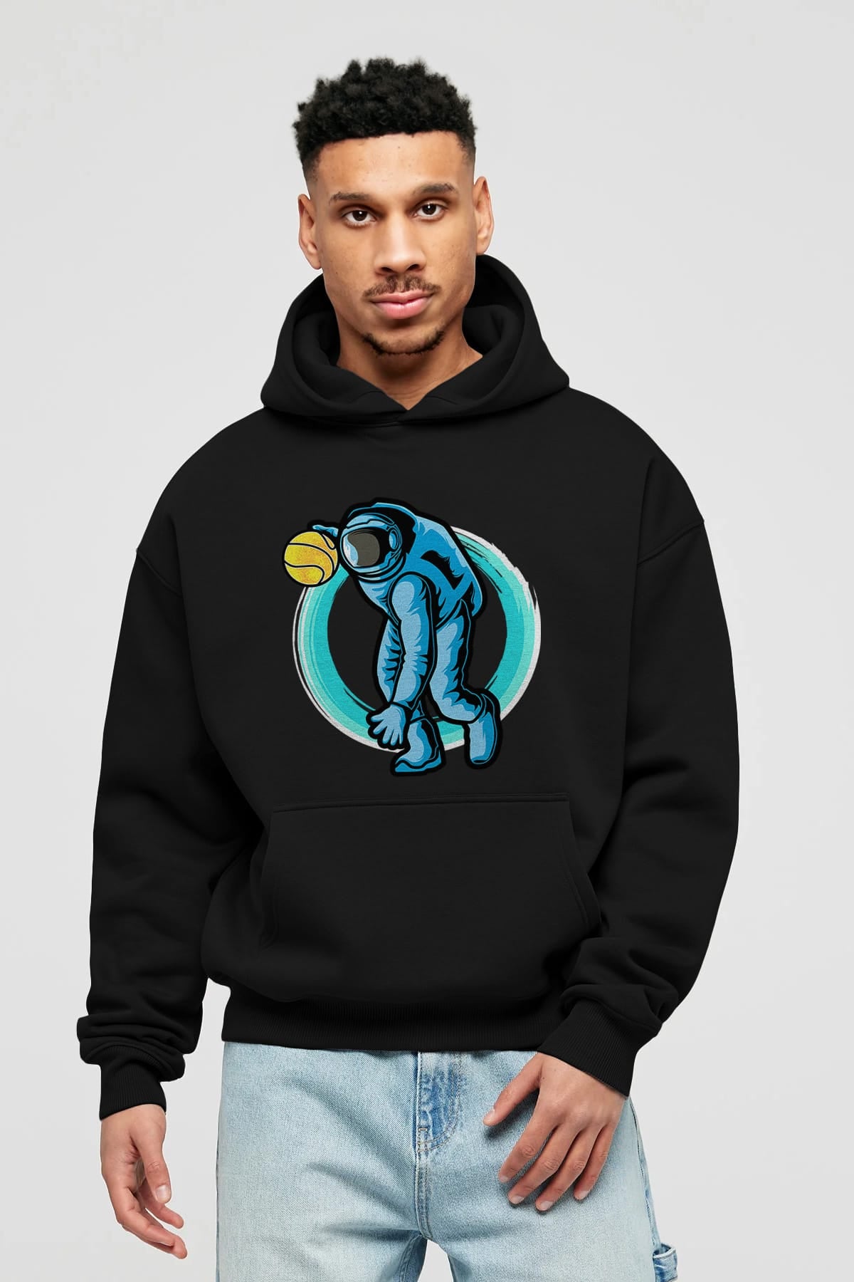Astronaut Dribble Ön Baskılı Hoodie Oversize Kapüşonlu Sweatshirt Erkek Kadın Unisex