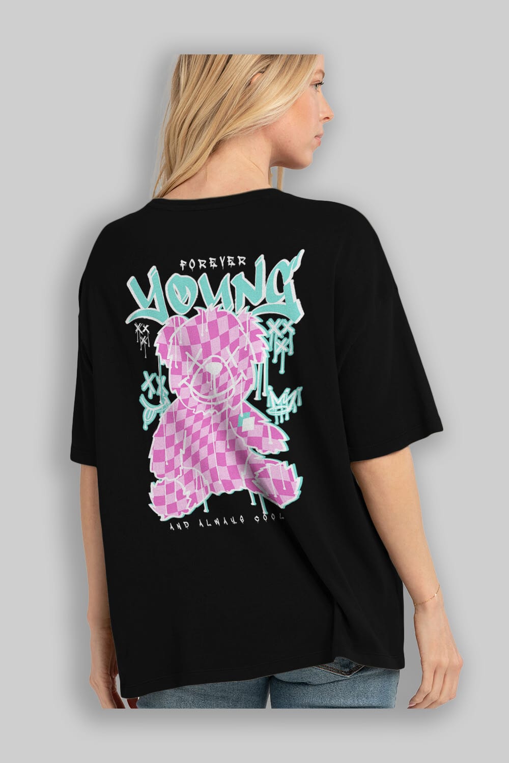 Young and Always Cool Bear Arka Baskılı Oversize t-shirt Erkek Kadın Unisex