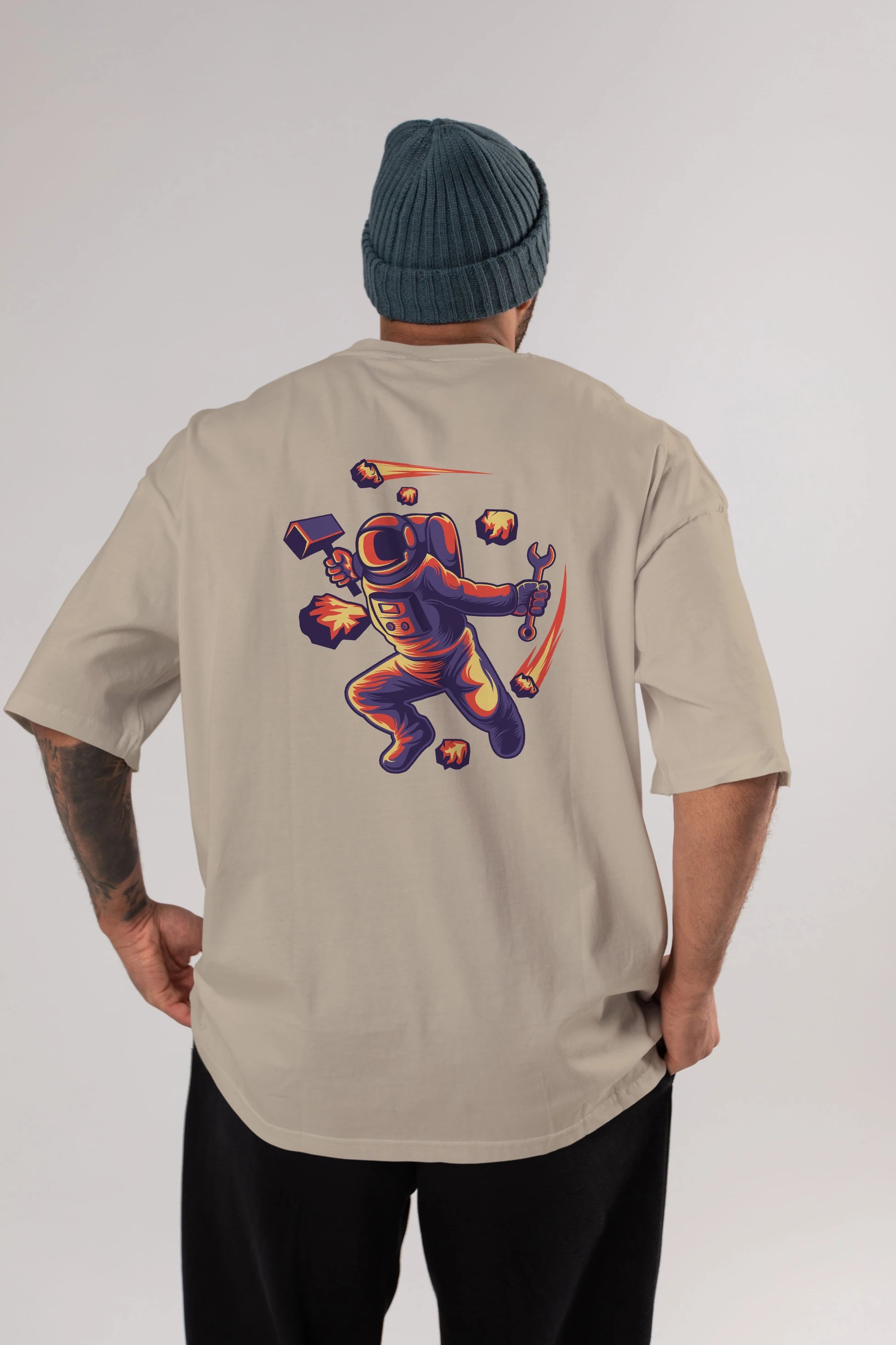 Astronaut Block Meteor Arka Baskılı Oversize t-shirt Erkek Kadın Unisex