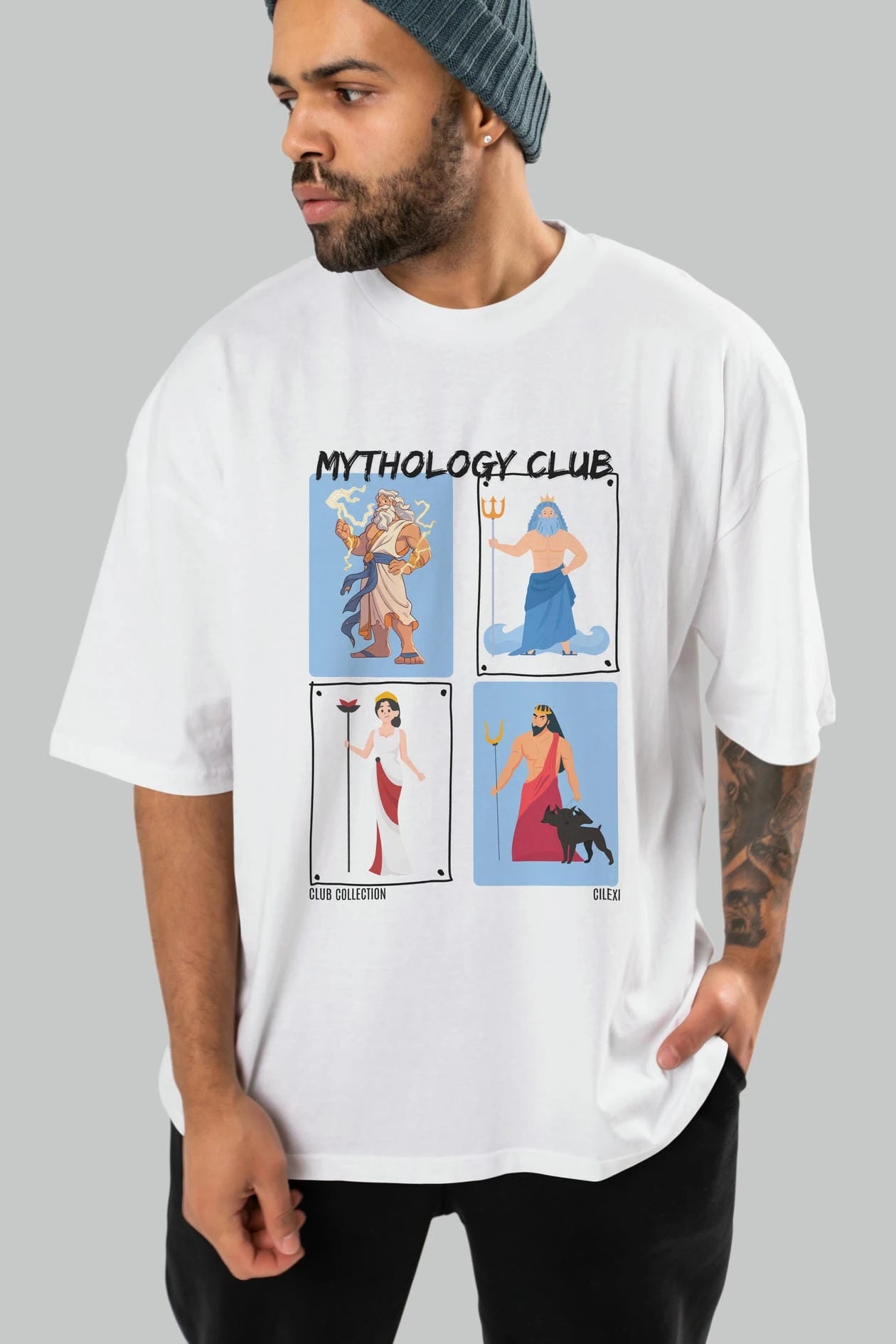 Mythology Club 2 ön Baskılı Oversize t-shirt Erkek Kadın %100 Pamuk Bisiklet Yaka tişort