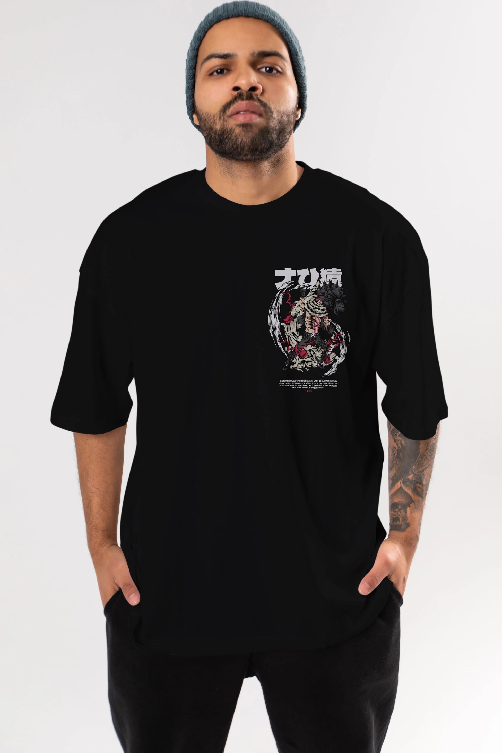 Katakuri Ön Sol Baskılı Oversize t-shirt Erkek Kadın Unisex %100 Pamuk Bisiklet Yaka tişort