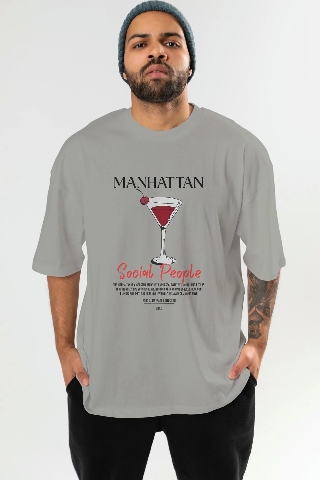Manhattan Kokteyl Serisi ön Baskılı Oversize t-shirt Erkek Kadın %100 Pamuk Bisiklet Yaka tişort