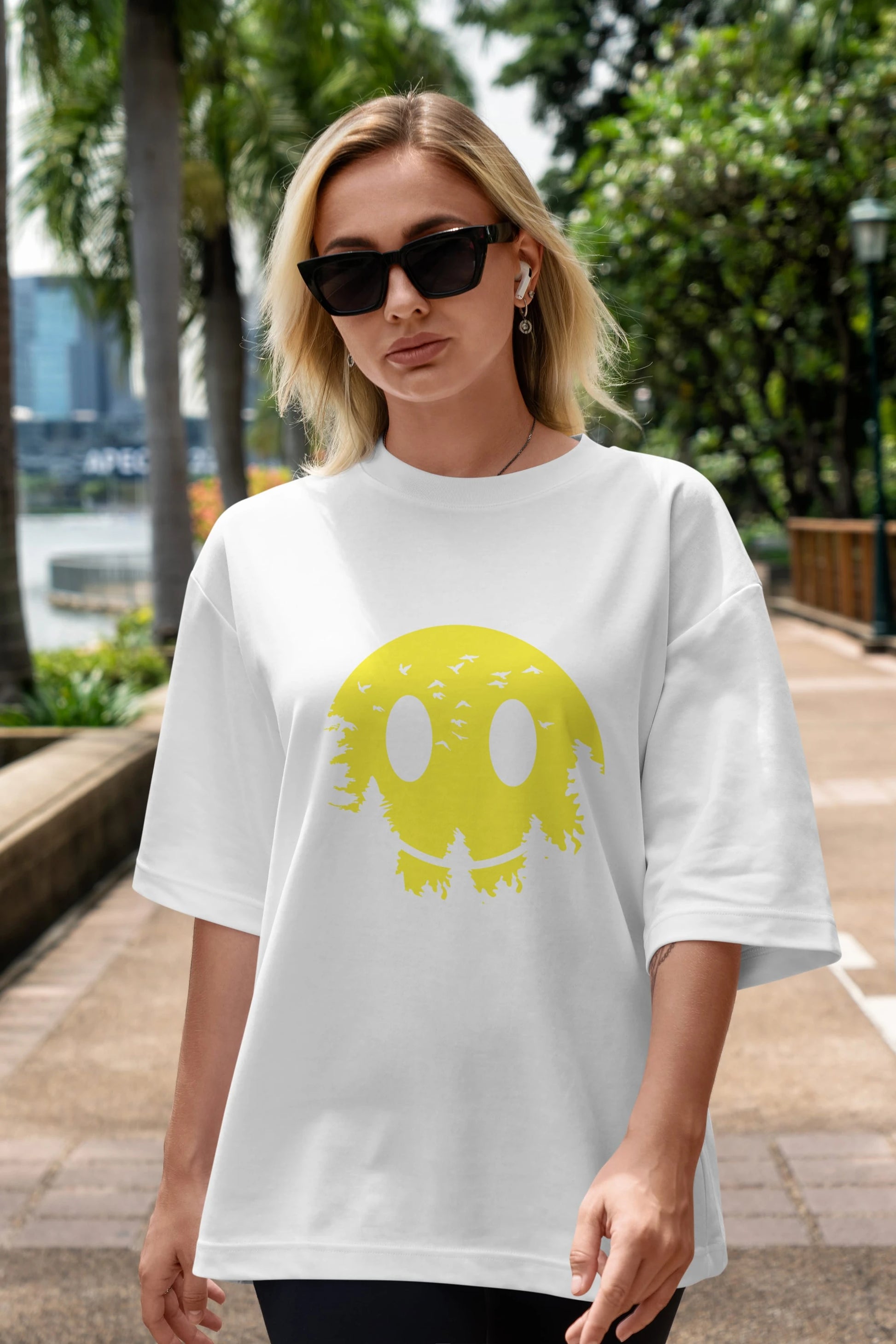 Smiley Moon Ön Baskılı Oversize t-shirt %100 pamuk Erkek Kadın Unisex