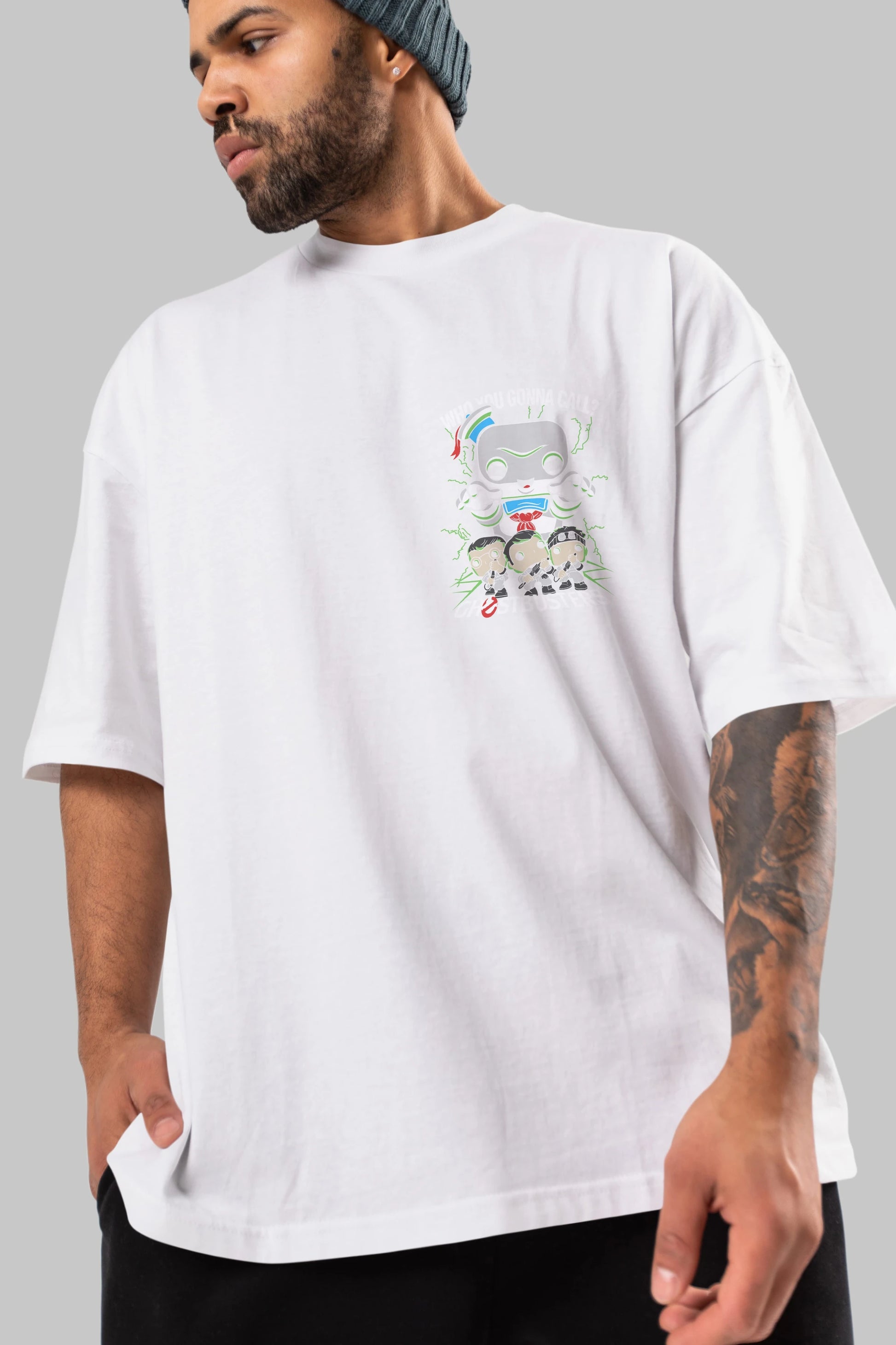 Ghostbusters Ön Sol Baskılı Oversize t-shirt Erkek Kadın Unisex %100 Pamuk Bisiklet Yaka tişort