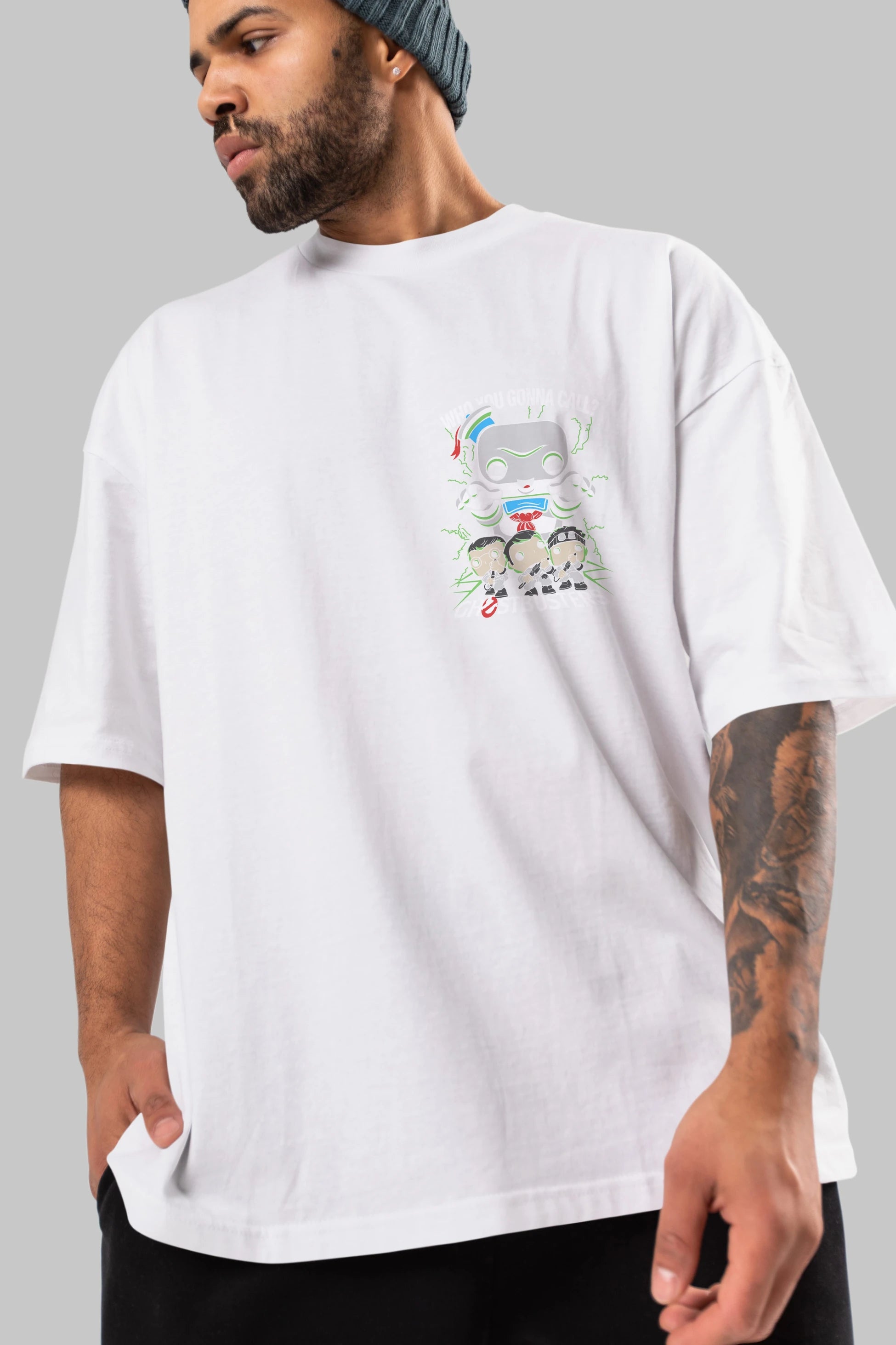 Ghostbusters Ön Sol Baskılı Oversize t-shirt Erkek Kadın Unisex %100 Pamuk Bisiklet Yaka tişort
