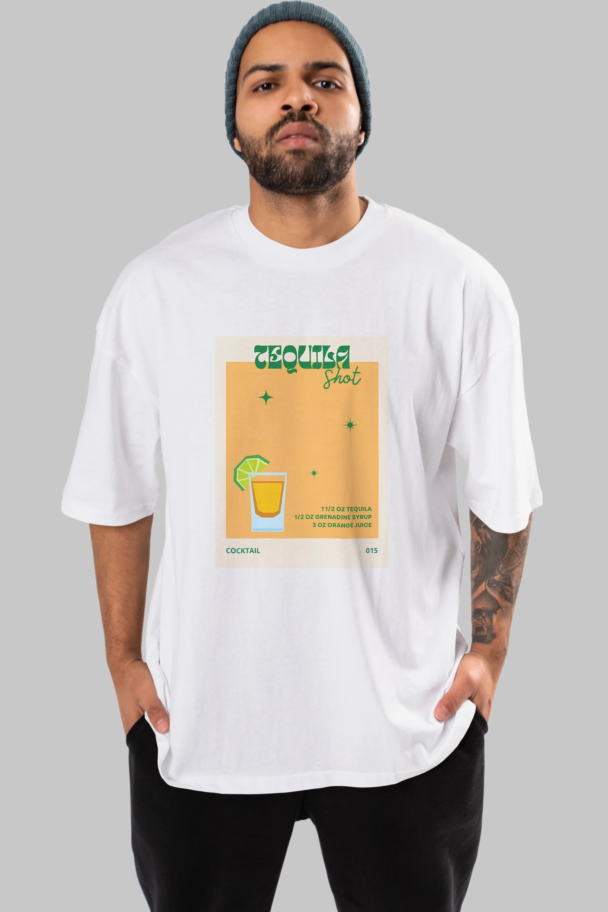 Tequila Shot 2 Ön Baskılı Oversize t-shirt Erkek Kadın Unisex %100 Pamuk Bisiklet Yaka tişort