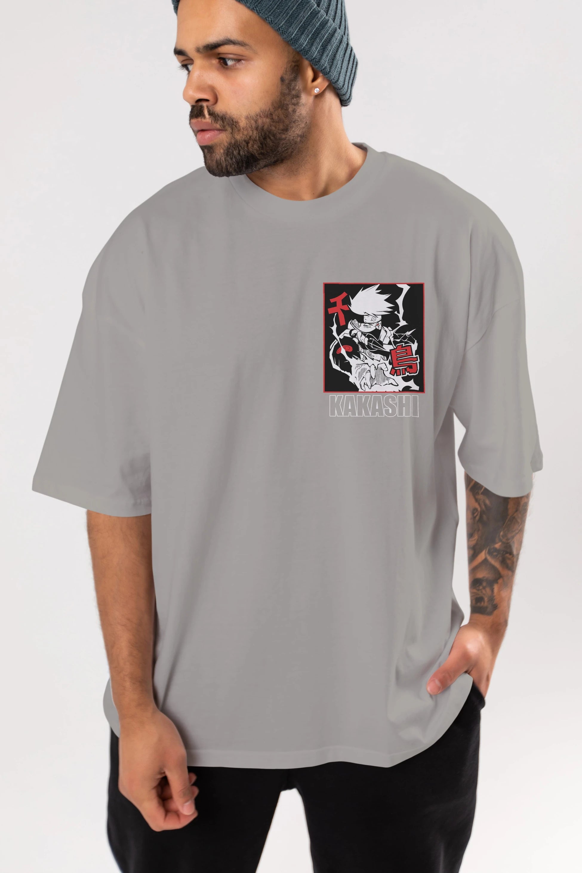 KAKASHI HATAKE NARUTO Ön Sol Baskılı Oversize t-shirt Erkek Kadın Unisex %100 Pamuk Bisiklet Yaka tişort