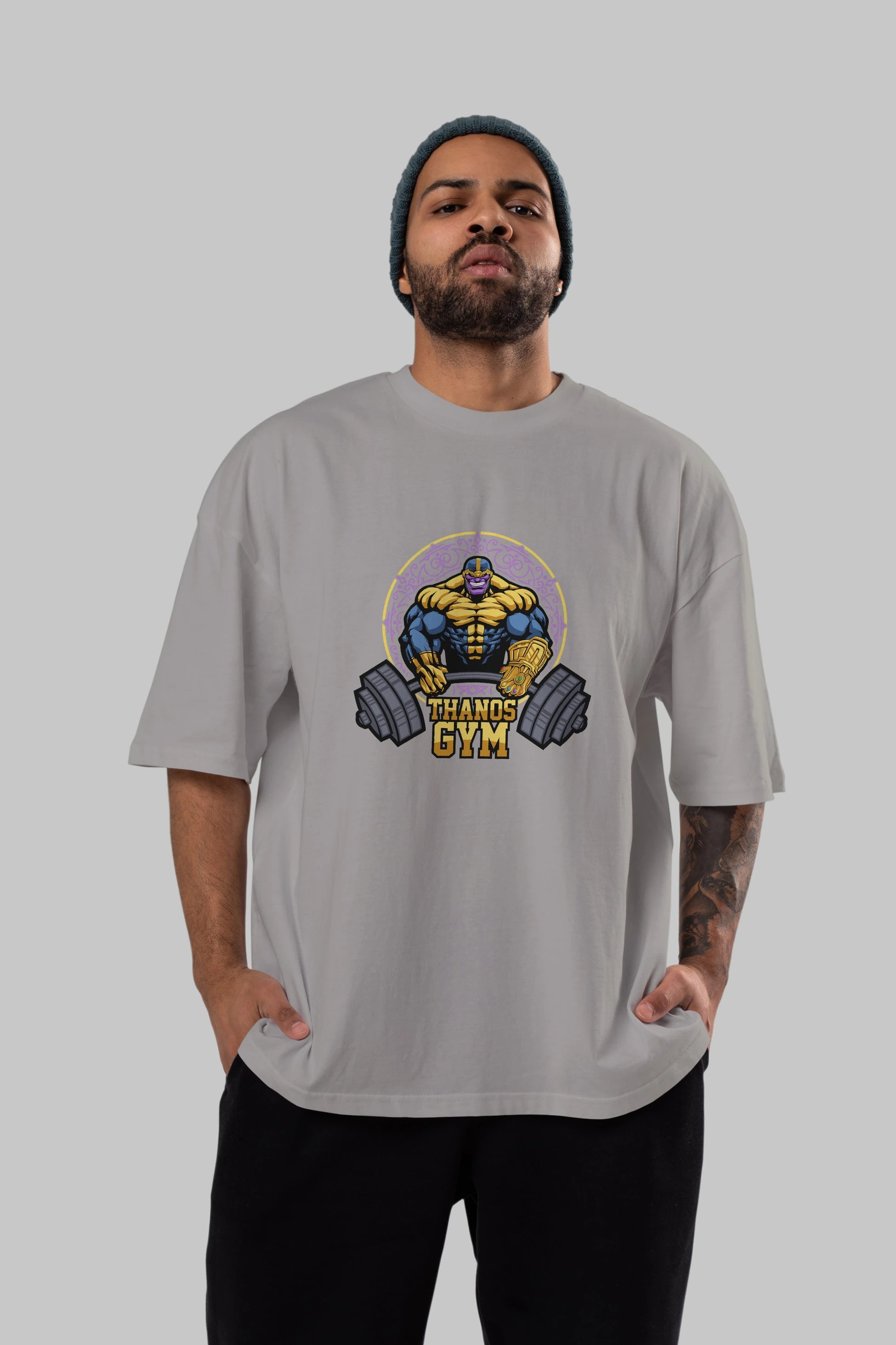 Thanos GYM Ön Baskılı Oversize t-shirt Erkek Kadın Unisex %100 Pamuk Bisiklet Yaka tişort