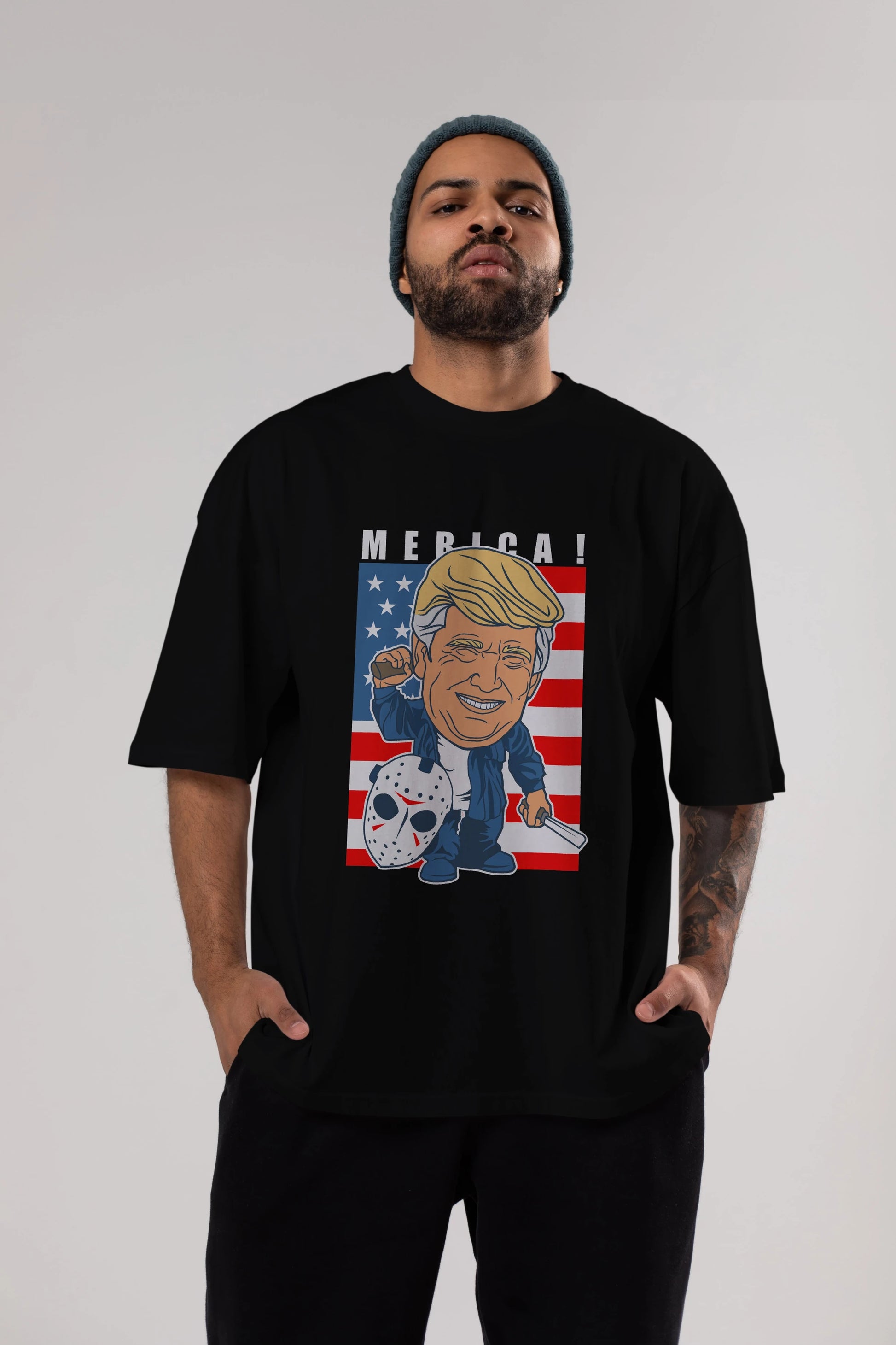 Jason Voorhess Trump Ön Baskılı Oversize t-shirt Erkek Kadın Unisex %100 Pamuk tişort