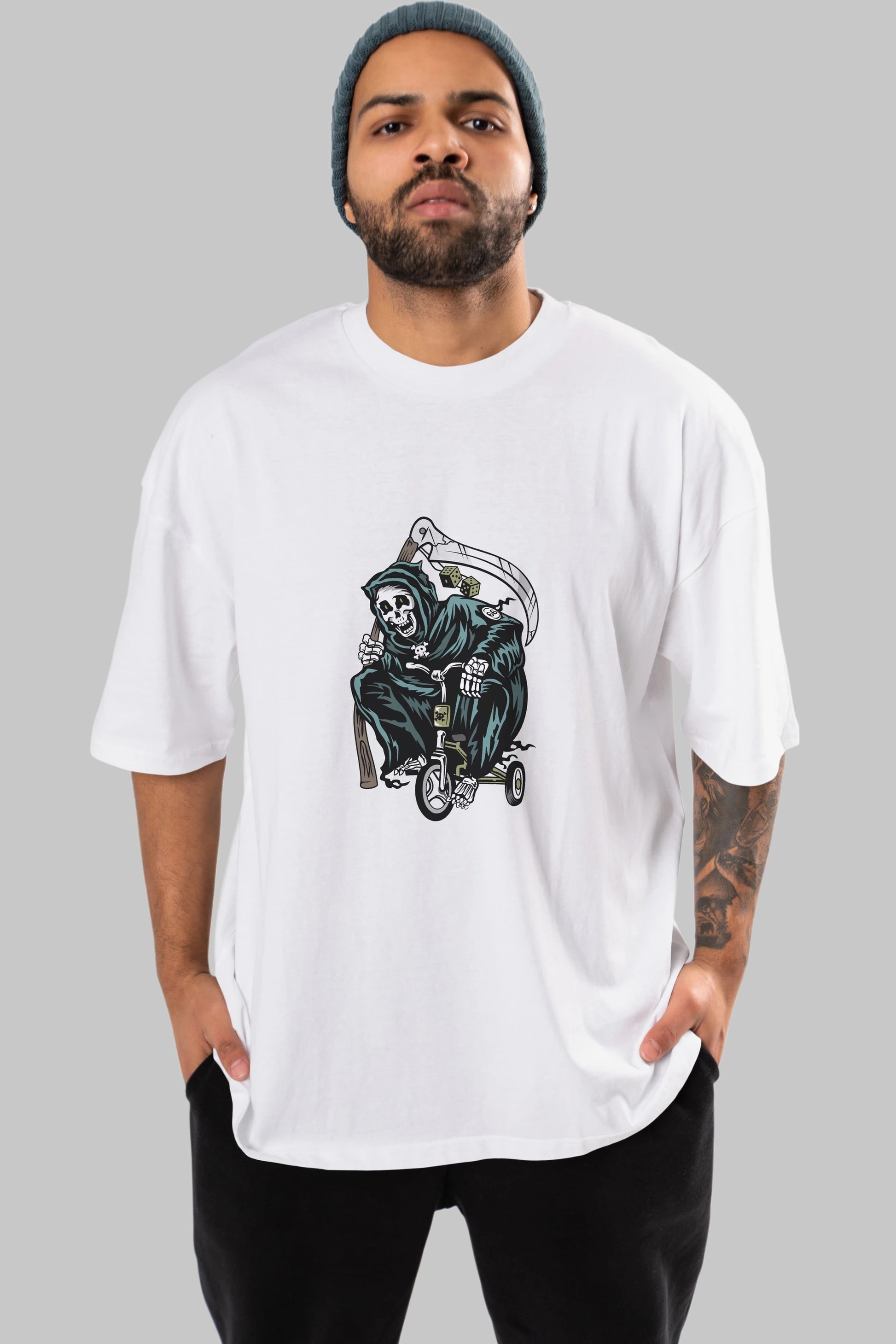 Grim Reaper Bicycle Ön Baskılı Oversize t-shirt Erkek Kadın Unisex %100 Pamuk tişort