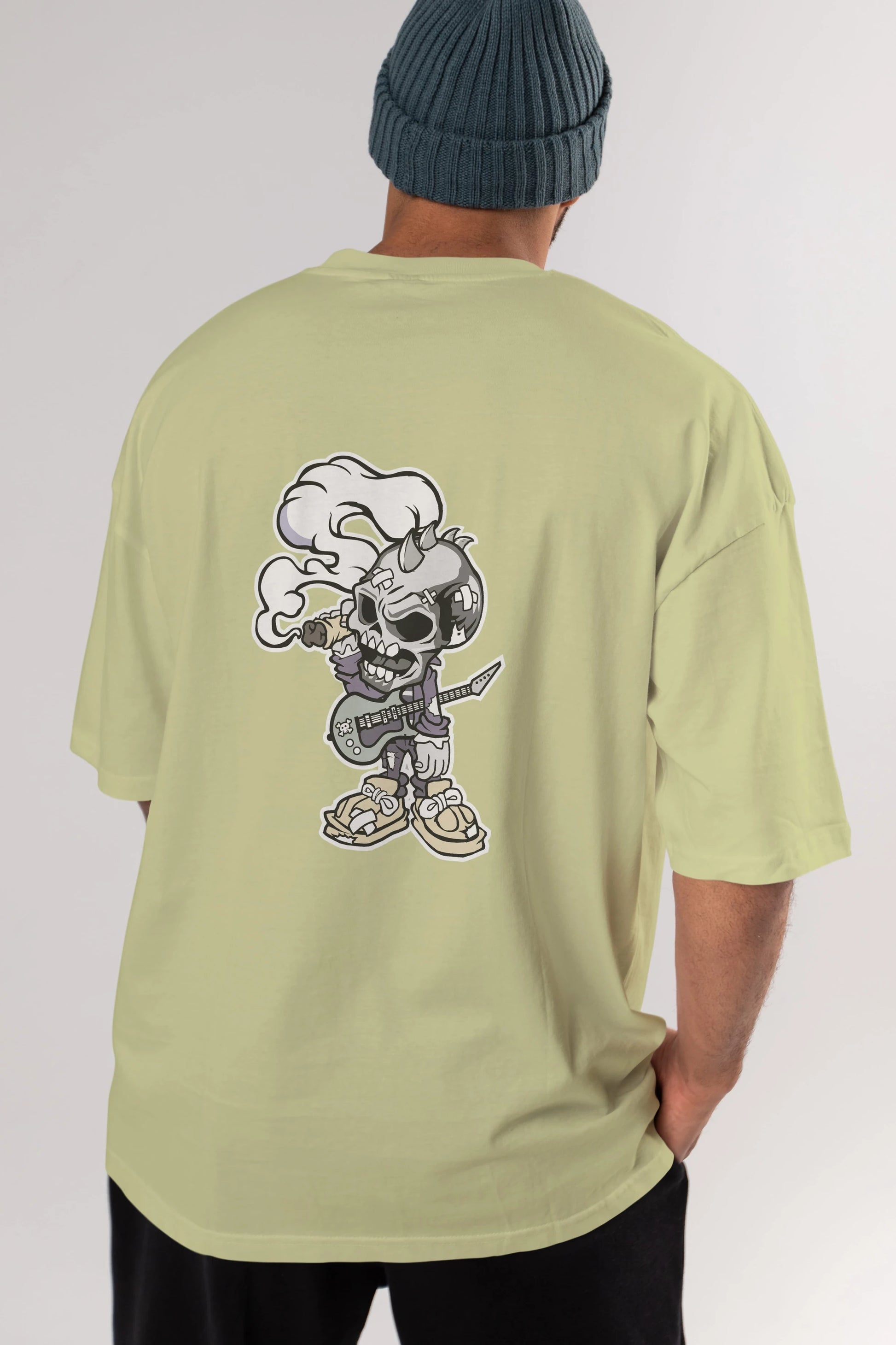 Skull Smoker Punk Rocker Arka Baskılı Oversize t-shirt Erkek Kadın Unisex %100 Pamuk tişort