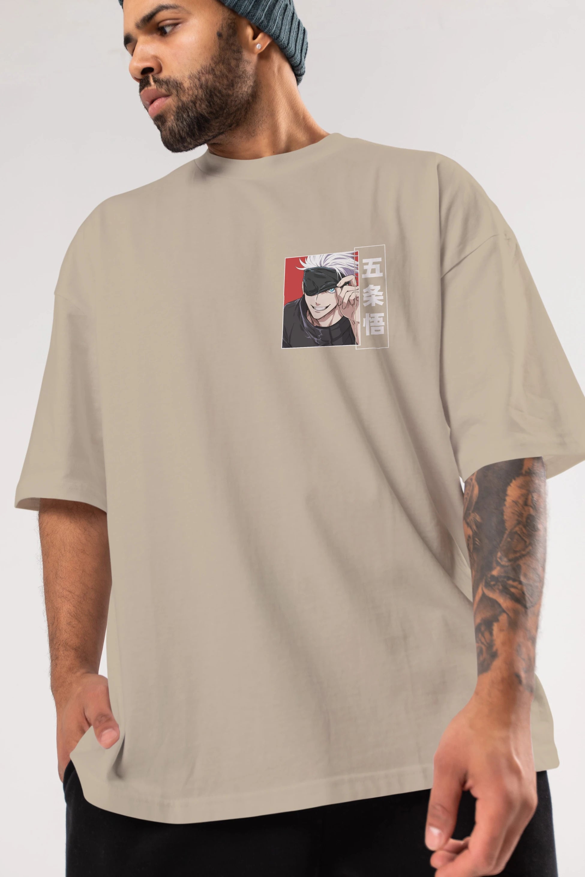 JUJUTSU KAISEN Ön Sol Baskılı Oversize t-shirt Erkek Kadın Unisex %100 Pamuk Bisiklet Yaka tişort