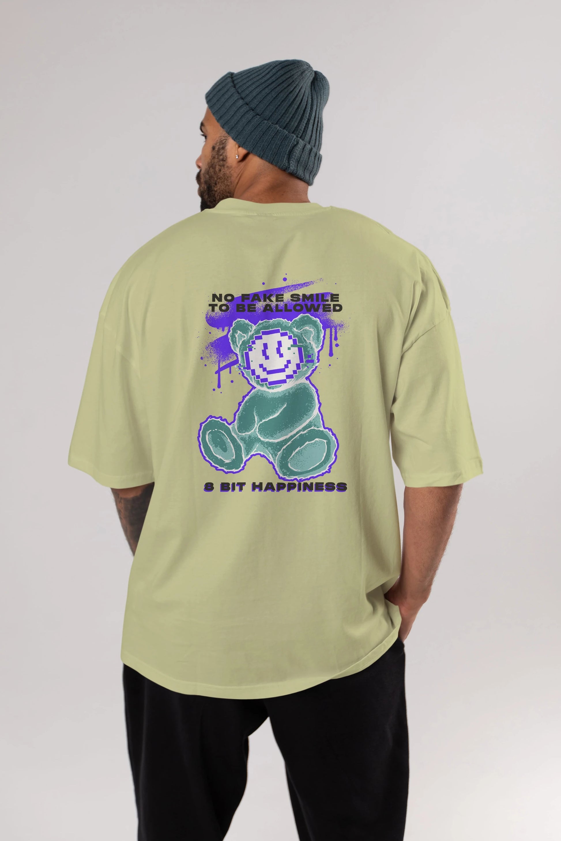 No Fake Smile Bear Arka Baskılı Oversize t-shirt Erkek Kadın Unisex