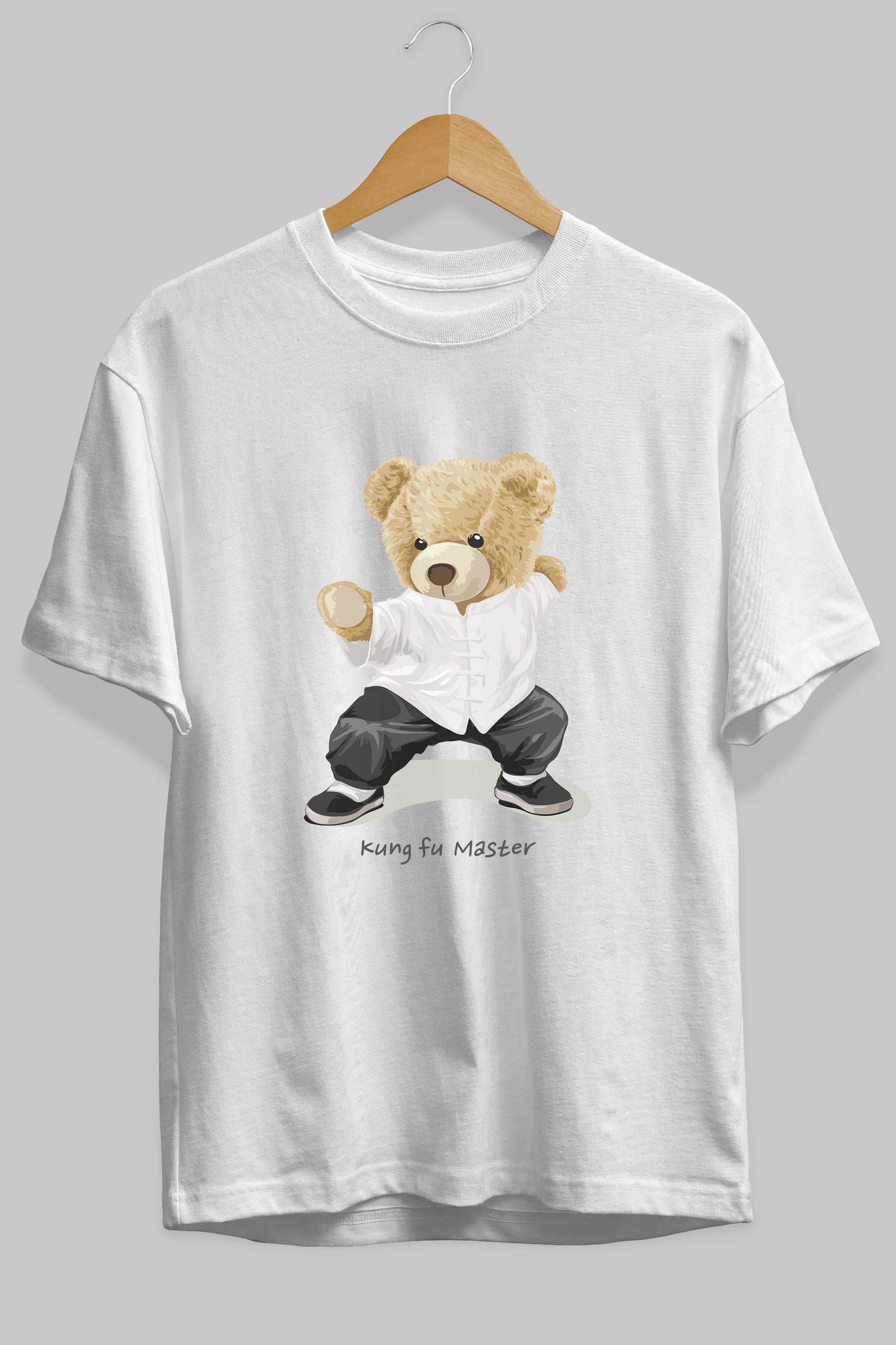 Teddy Bear Kung Fu Master Ön Baskılı Oversize t-shirt Erkek Kadın Unisex %100 Pamuk