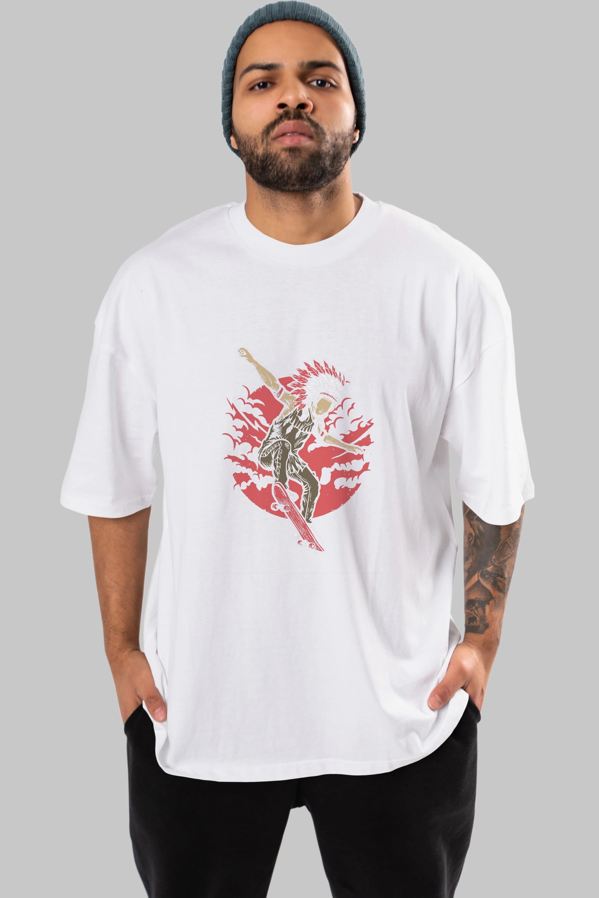 Indian Chief Skateboard Ön Baskılı Oversize t-shirt Erkek Kadın Unisex %100 Pamuk tişort