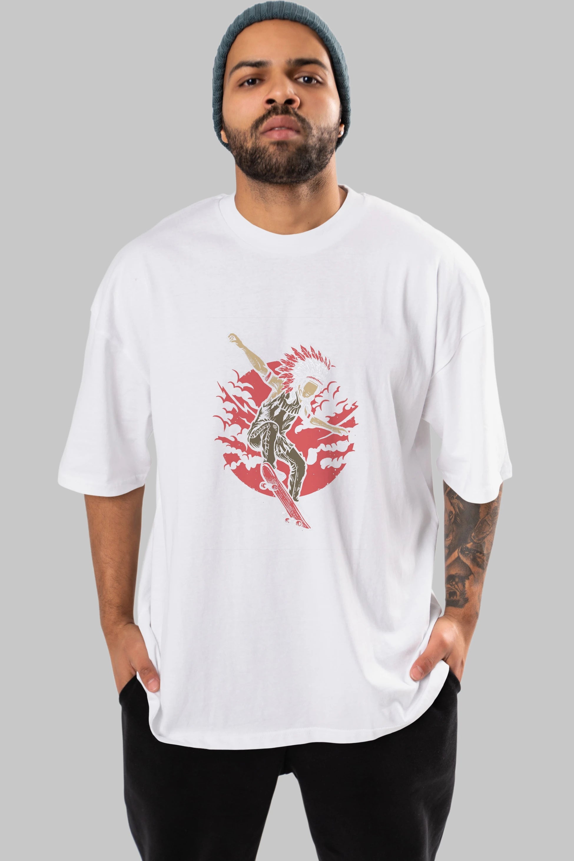 Indian Chief Skateboard Ön Baskılı Oversize t-shirt Erkek Kadın Unisex %100 Pamuk tişort