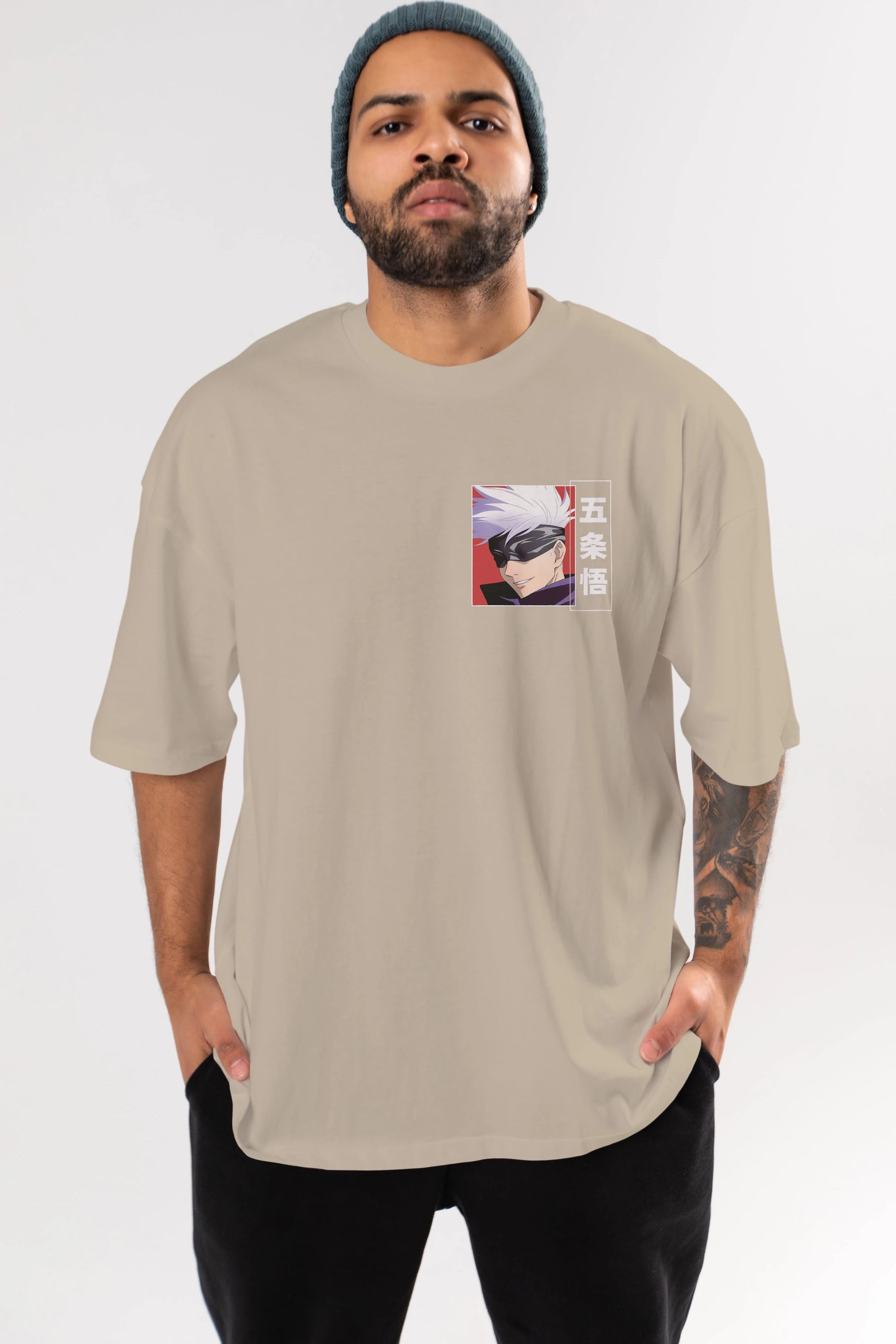 SATORU GOJO Ön Sol Baskılı Oversize t-shirt Erkek Kadın Unisex %100 Pamuk Bisiklet Yaka tişort