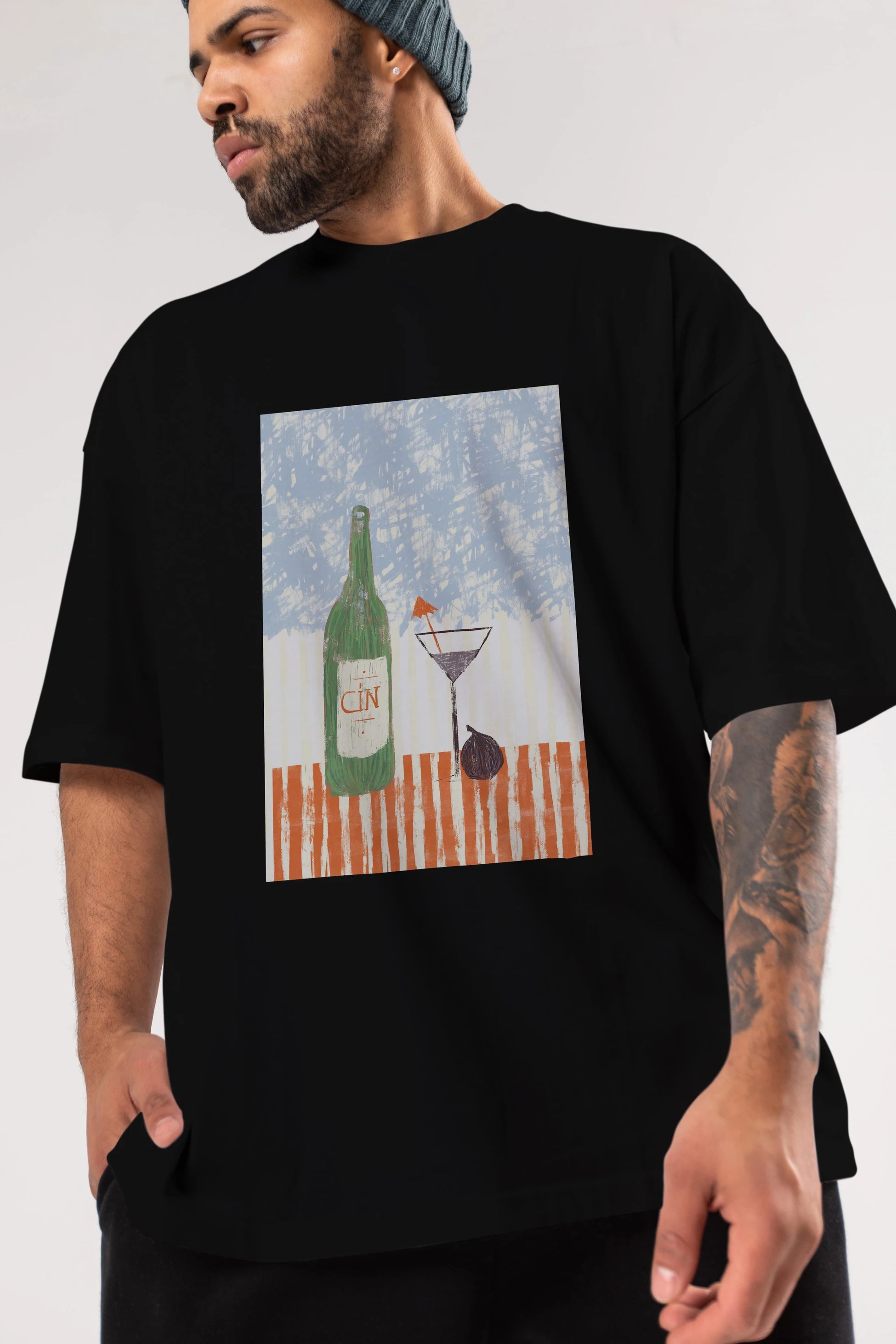 Gin Ön Baskılı Oversize t-shirt Erkek Kadın Unisex %100 Pamuk Bisiklet Yaka tişort