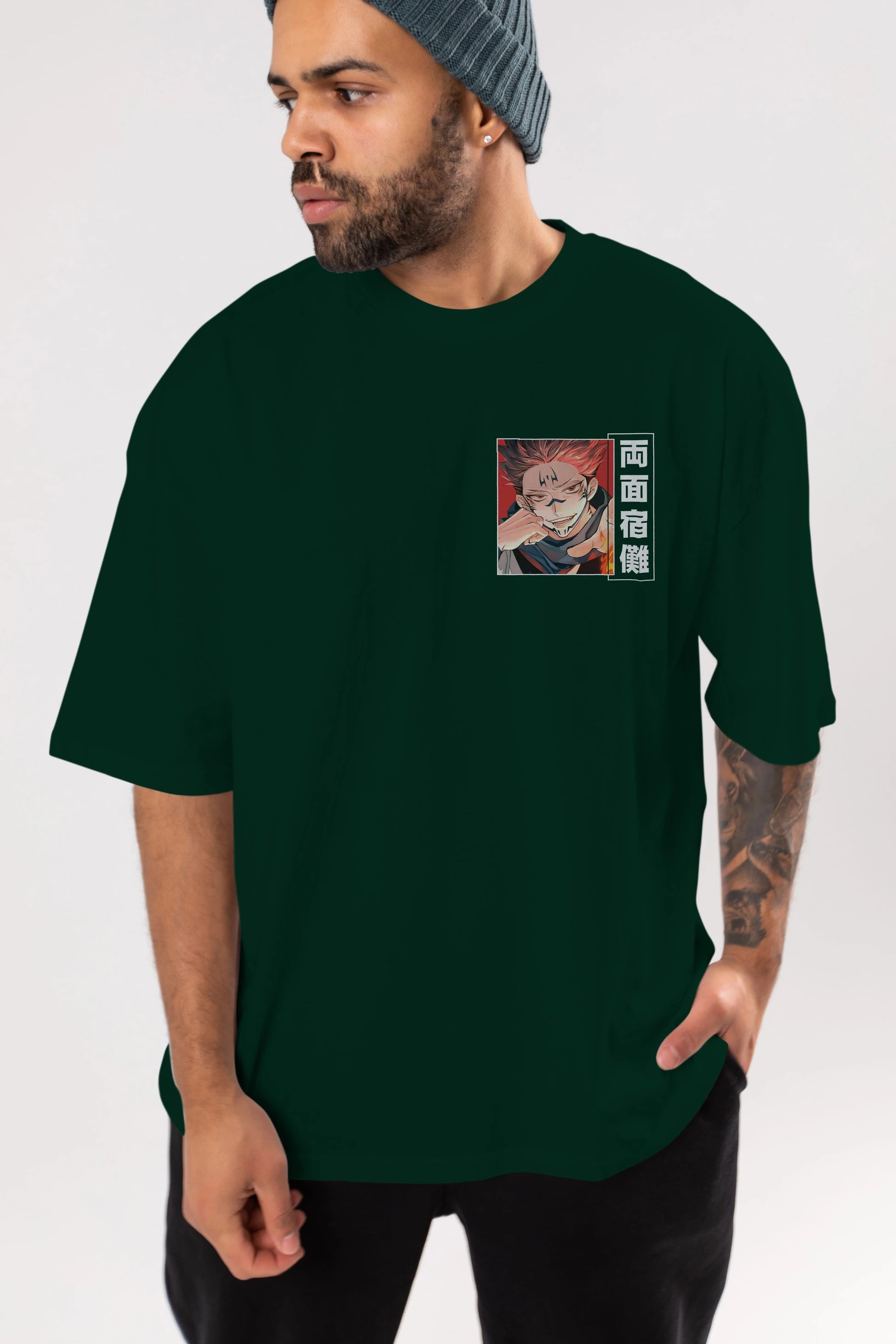 Sukuna Ryoumen 4 Ön Sol Baskılı Oversize t-shirt Erkek Kadın Unisex %100 Pamuk Bisiklet Yaka tişort