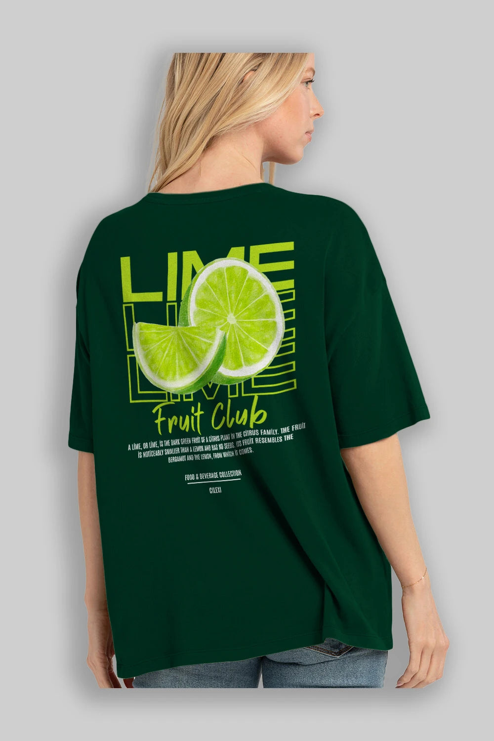 Lime Arka Baskılı Oversize t-shirt Erkek Kadın Pamuk Bisiklet Yaka tişort