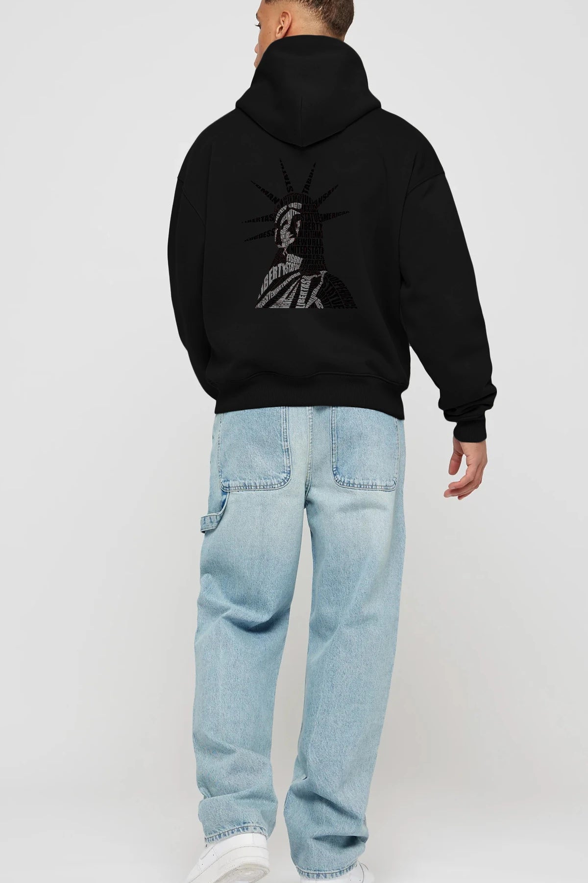 Liberty Statue Calligram Arka Baskılı Hoodie Oversize Kapüşonlu Sweatshirt Erkek Kadın Unisex