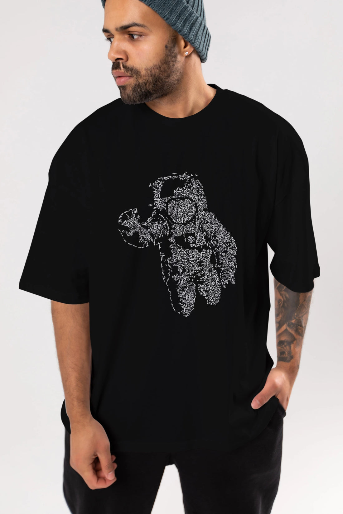 Flying Astronaut Ön Baskılı Oversize t-shirt %100 pamuk Erkek Kadın Unisex