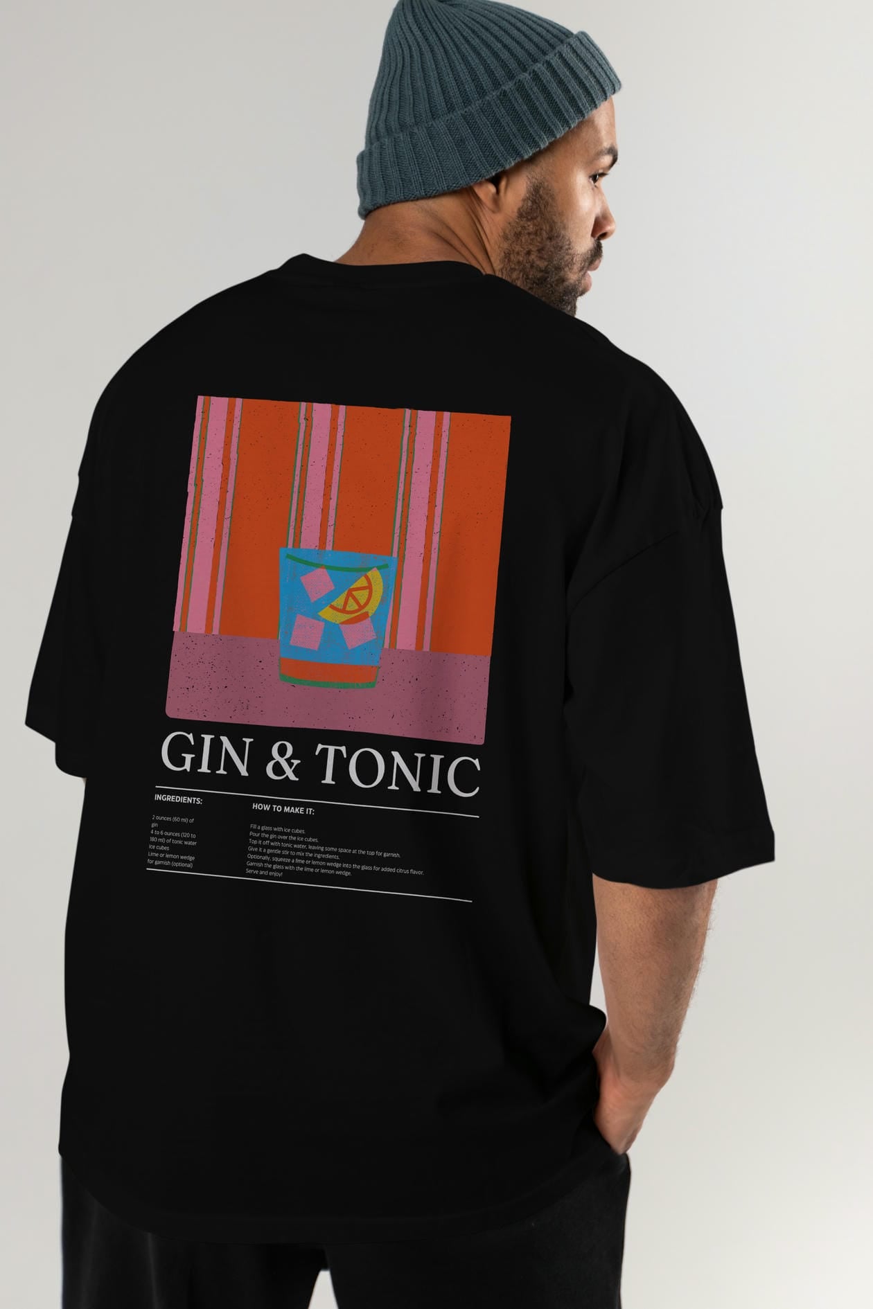 Gin Tonic Kokteyl Serisi Arka Baskılı Oversize t-shirt Erkek Kadın %100 Pamuk Bisiklet Yaka tişort