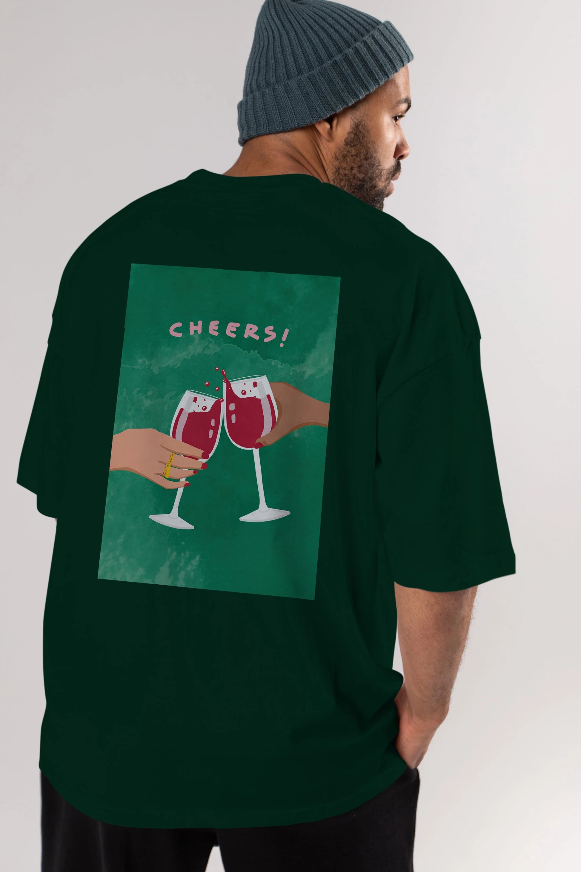 Cheers Arka Baskılı Oversize t-shirt Erkek Kadın Unisex %100 Pamuk Bisiklet Yaka tişort