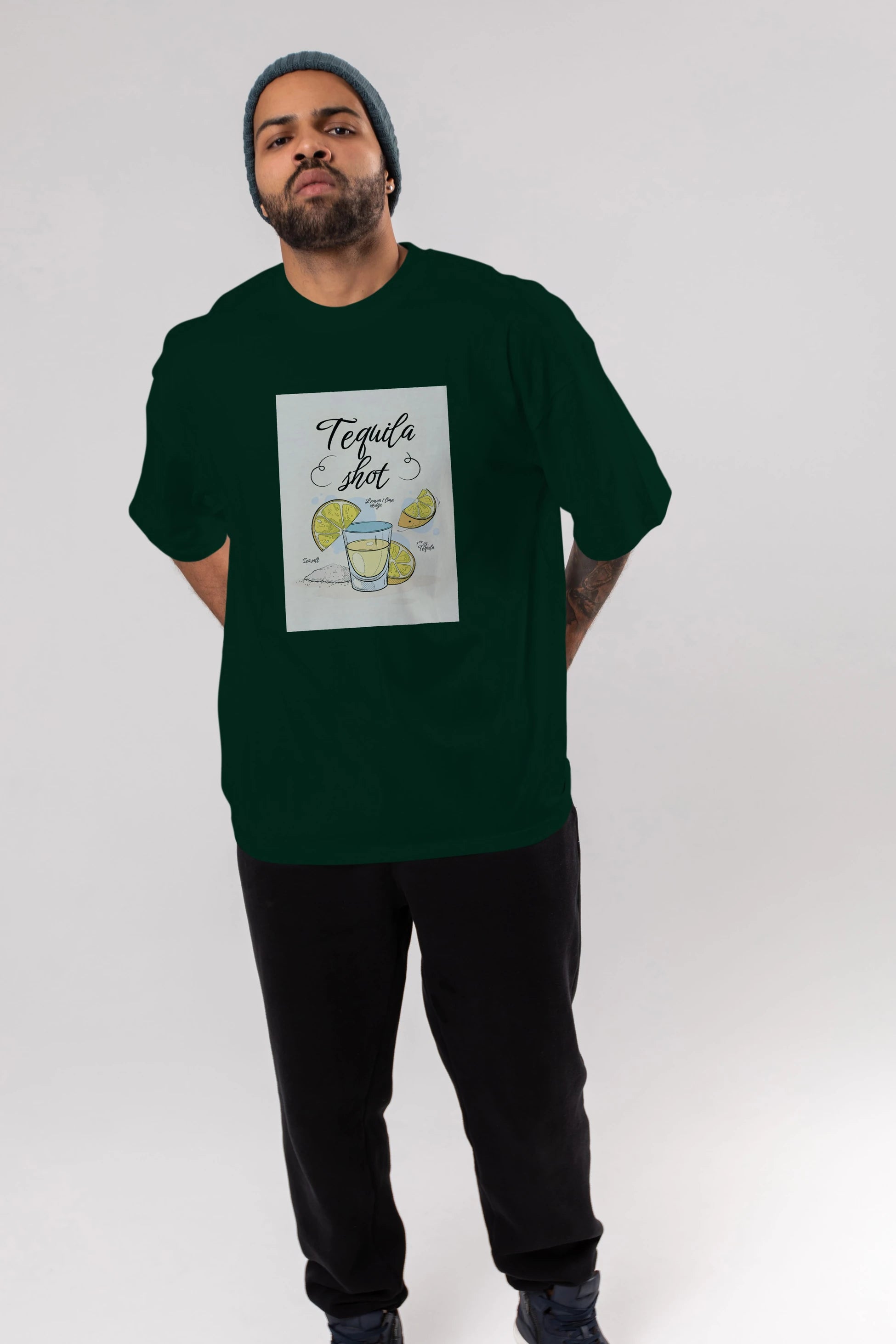 Tequila Shot Ön Baskılı Oversize t-shirt Erkek Kadın Unisex %100 Pamuk Bisiklet Yaka tişort