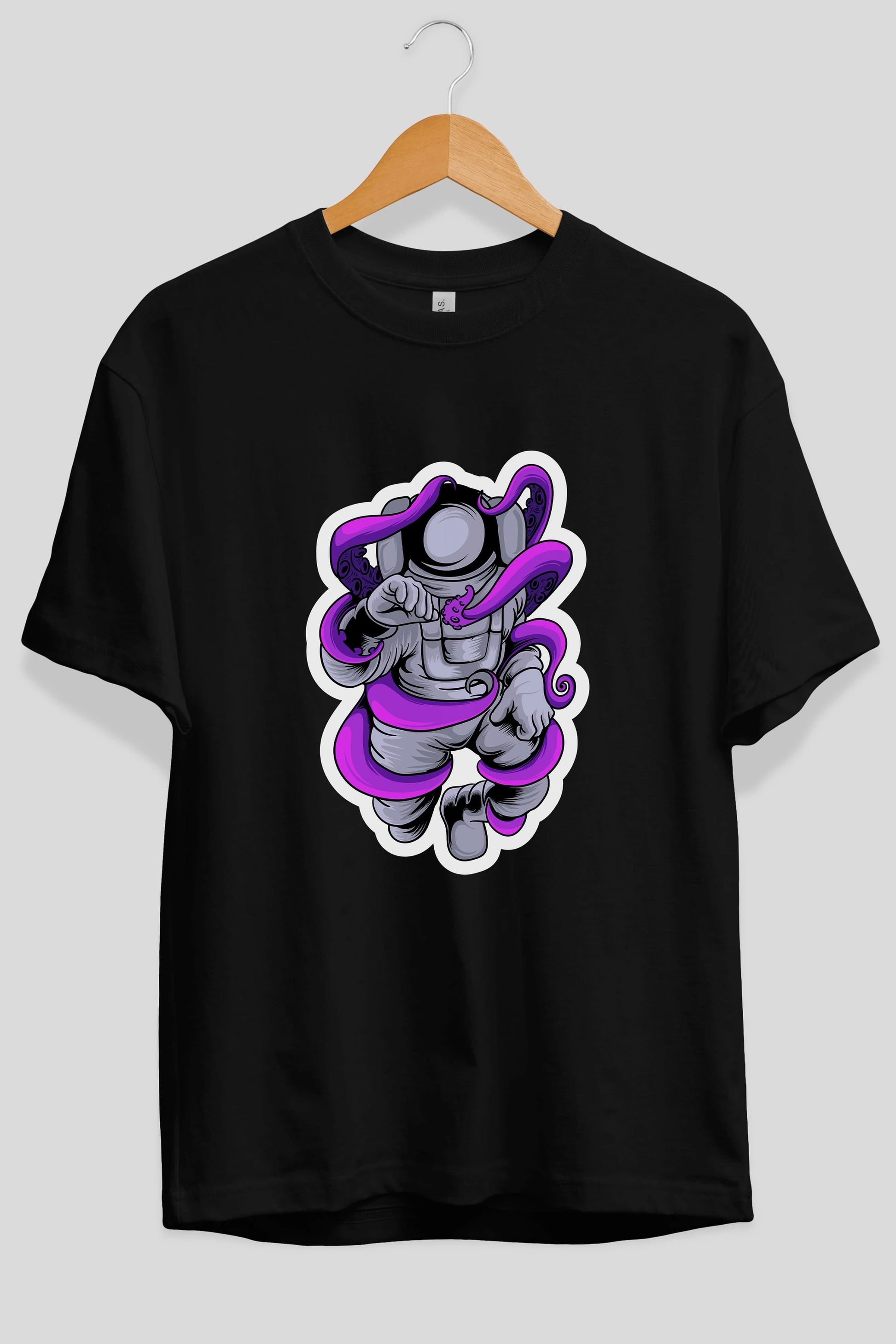 Astronaut fighting octopus sticker Ön Baskılı Oversize t-shirt Erkek Kadın Unisex