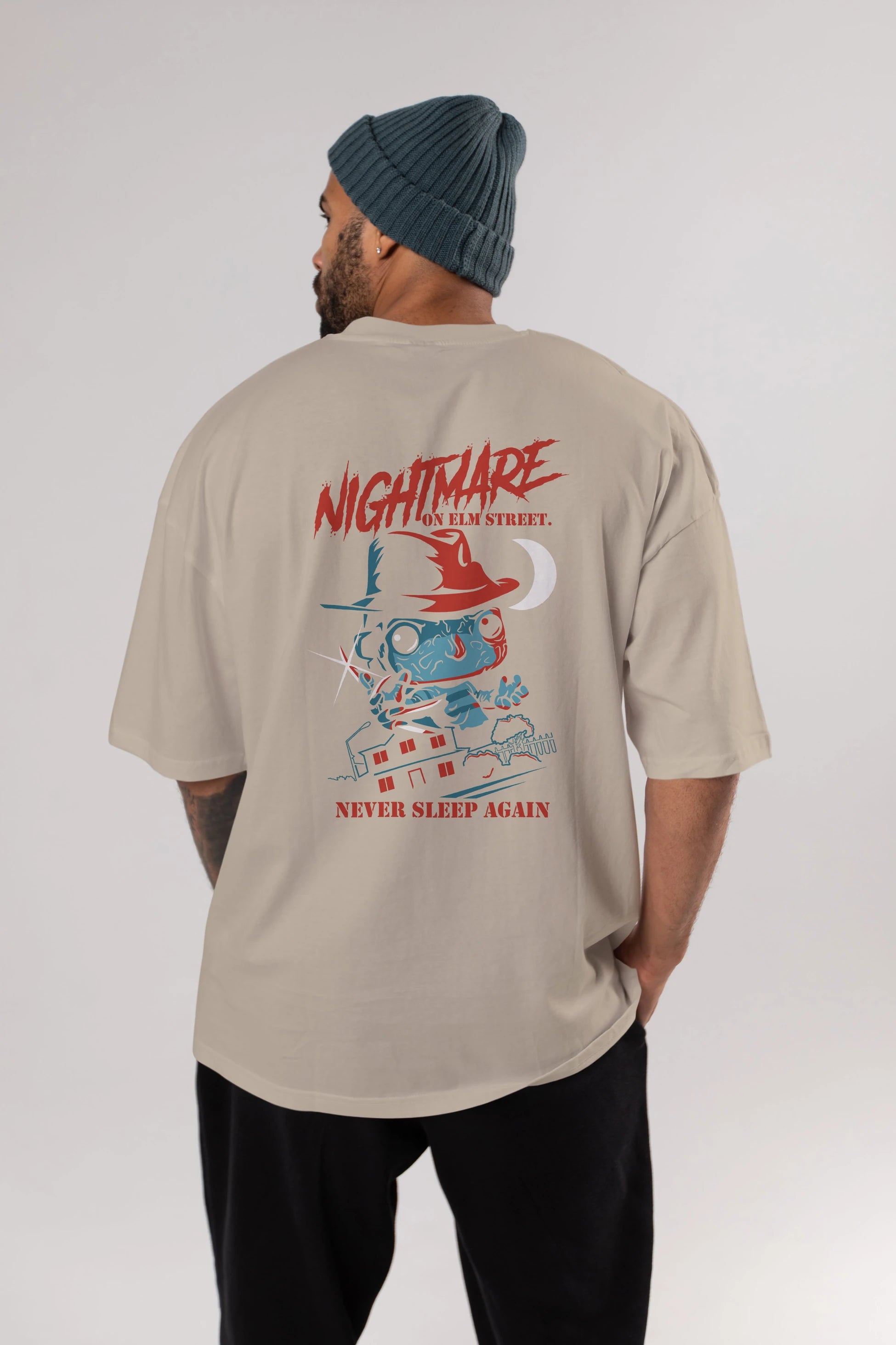 Nightmare Elm Sokağı Arka Baskılı Oversize t-shirt Erkek Kadın Unisex %100 Pamuk Bisiklet Yaka tişort
