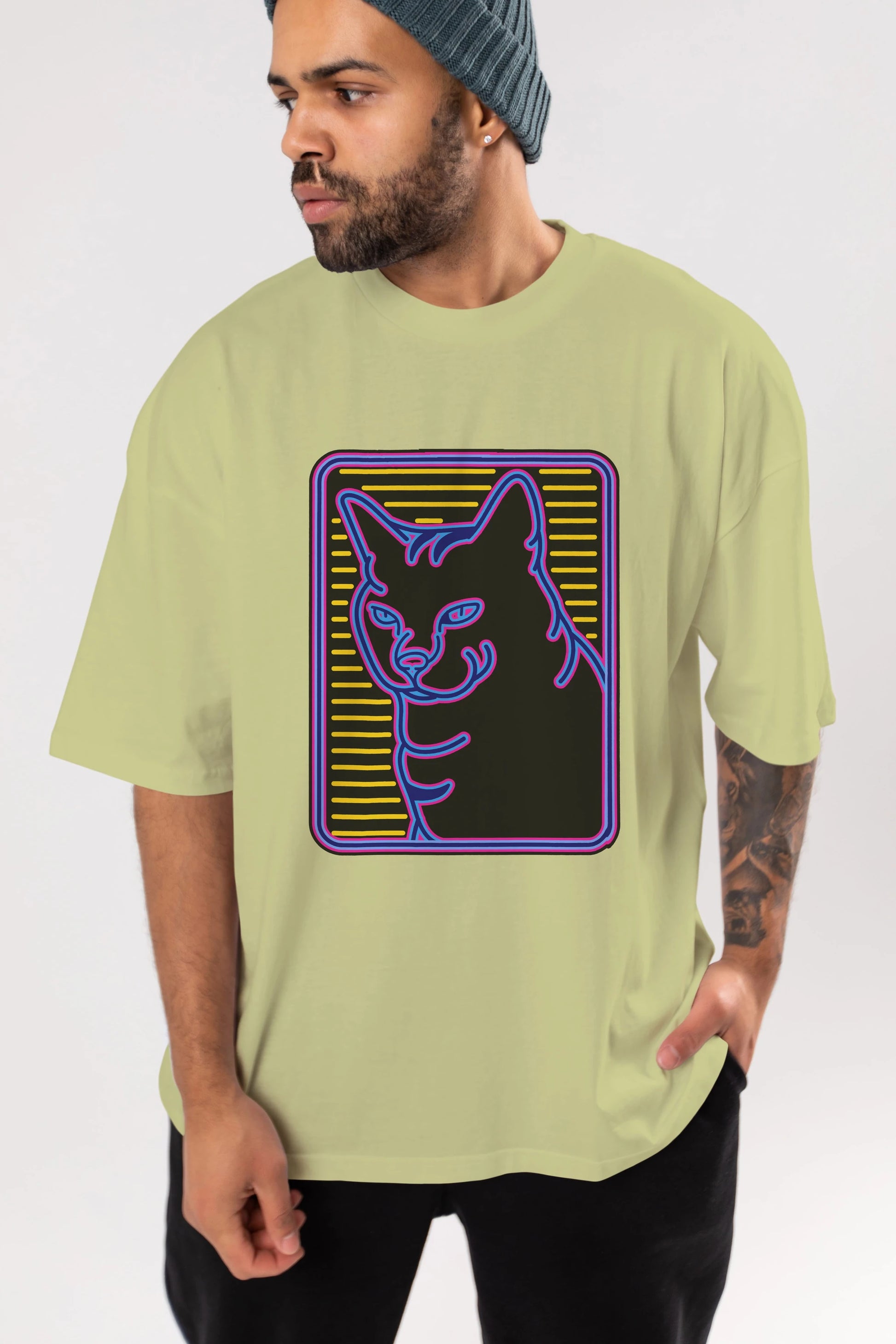 Neon Cat Ön Baskılı Oversize t-shirt Erkek Kadın Unisex