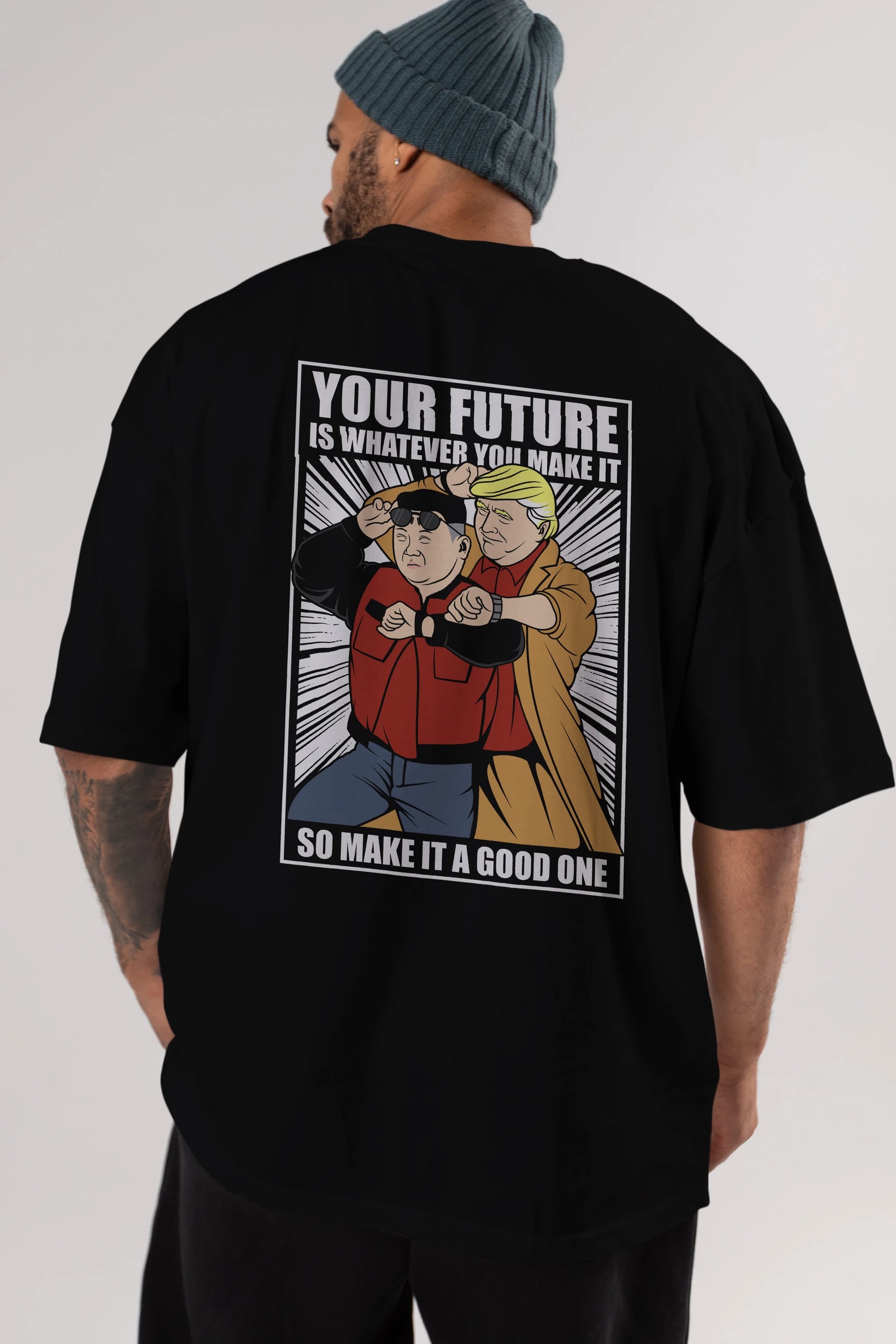 Back To The Future Jong Un Trump Arka Baskılı Oversize t-shirt Erkek Kadın Unisex %100 Pamuk tişort