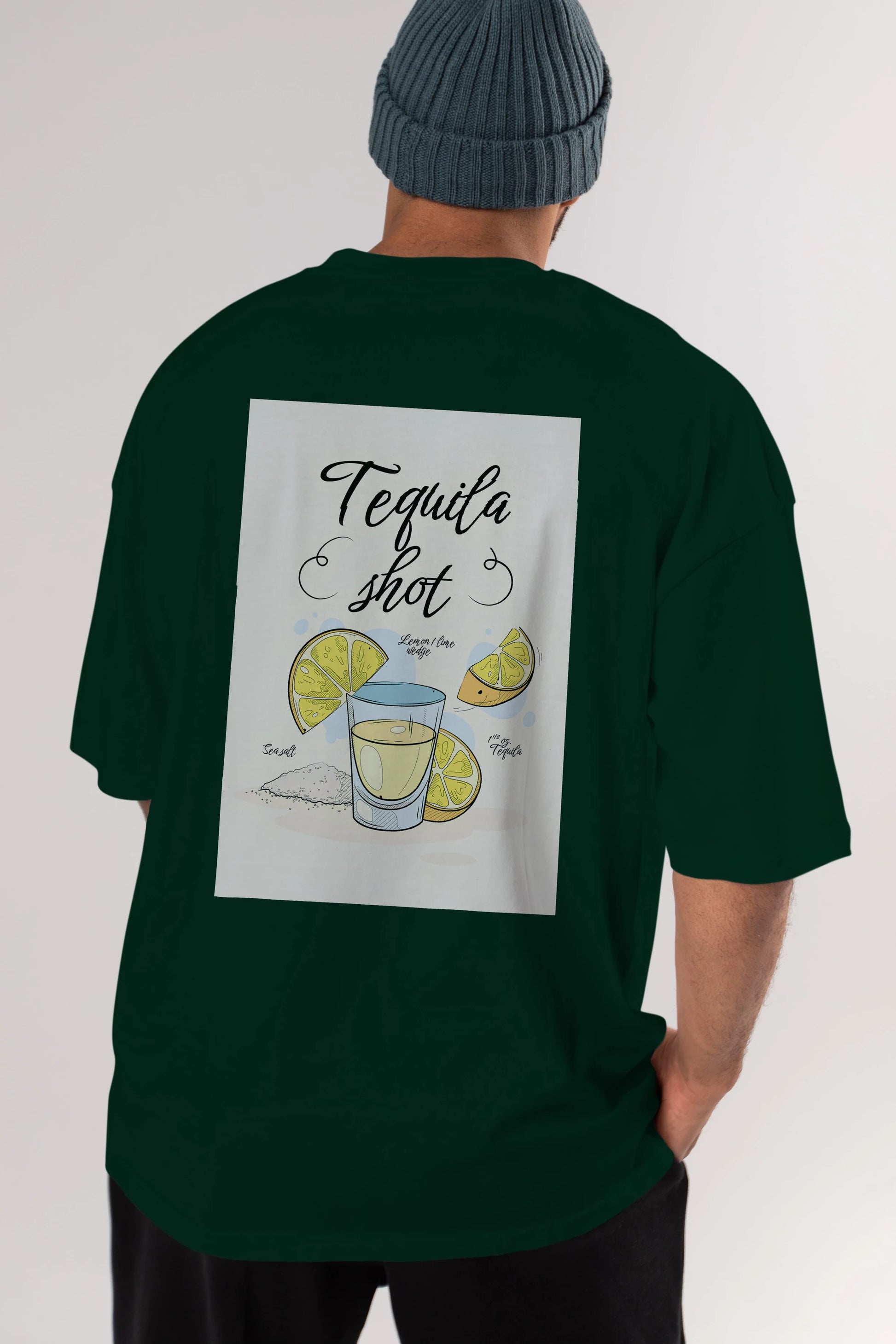 Tequila Shot Arka Baskılı Oversize t-shirt Erkek Kadın Unisex %100 Pamuk Bisiklet Yaka tişort