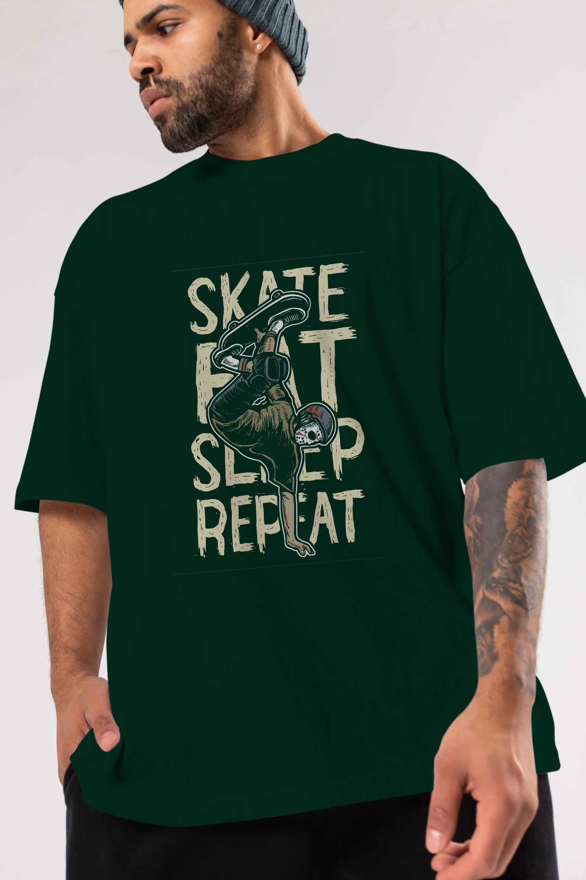 Skate Eat Sleep Repeat Ön Baskılı Oversize t-shirt Erkek Kadın Unisex %100 Pamuk tişort