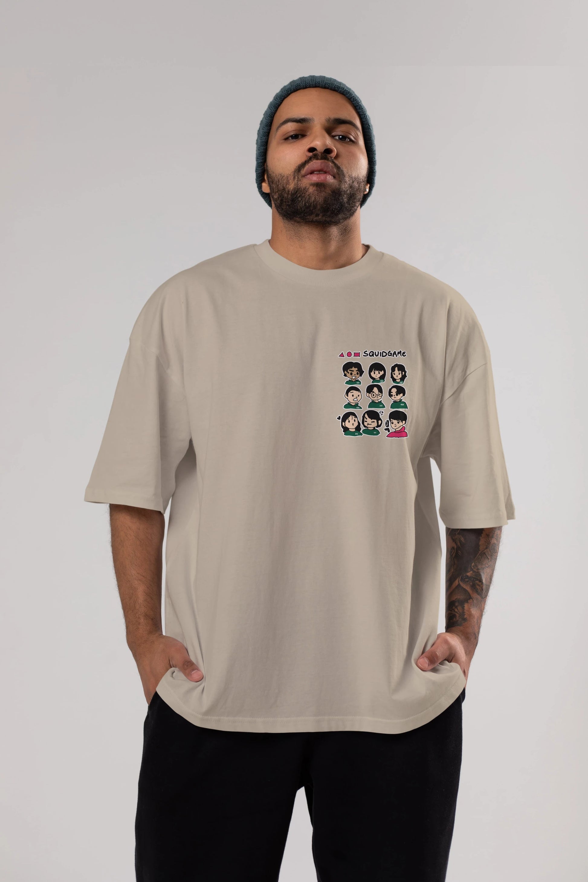 Squid Game (3) Ön Sol Baskılı Oversize t-shirt Erkek Kadın Unisex %100 Pamuk Bisiklet Yaka tişort
