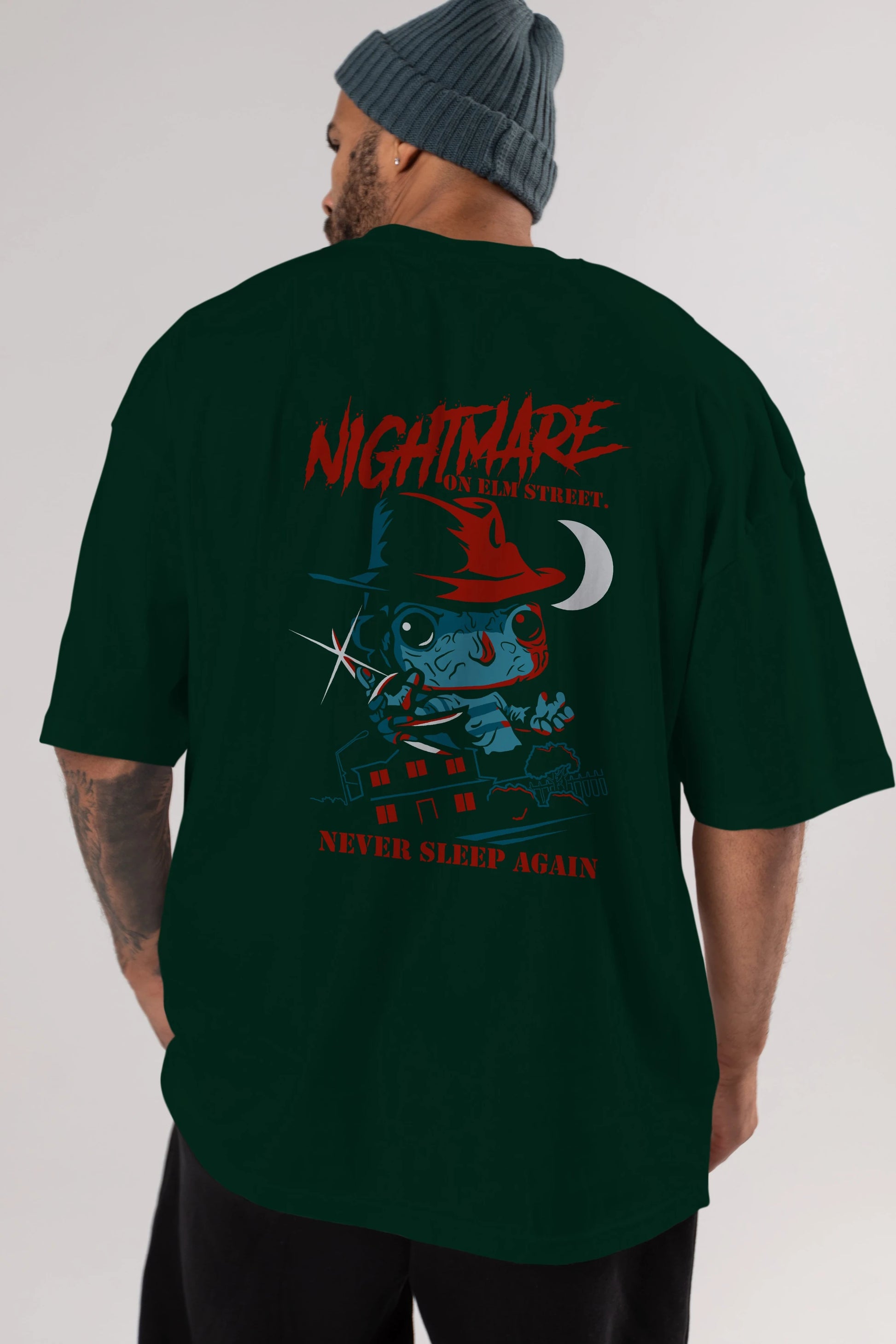 Nightmare Elm Sokağı Arka Baskılı Oversize t-shirt Erkek Kadın Unisex %100 Pamuk Bisiklet Yaka tişort