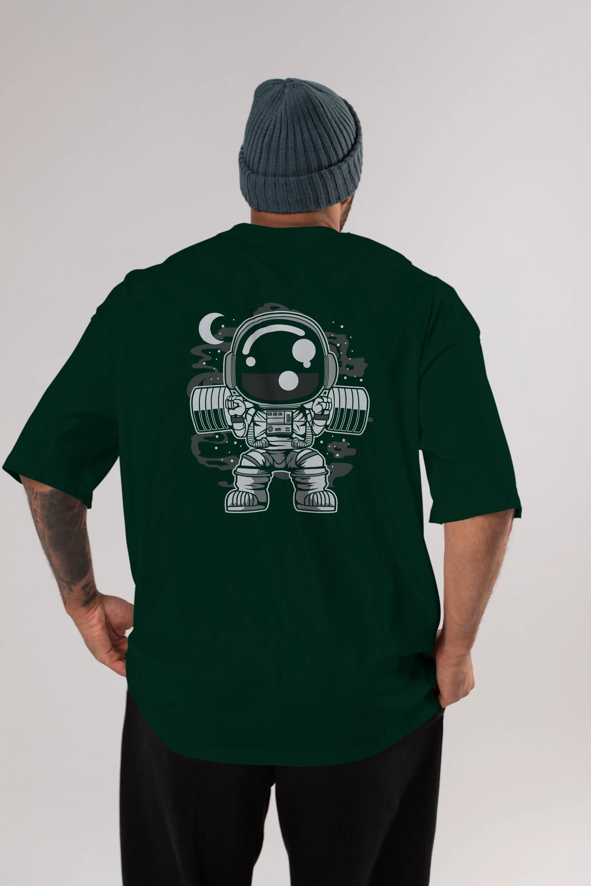 Astronaut Barbell Body Builder Arka Baskılı Oversize t-shirt Erkek Kadın Unisex