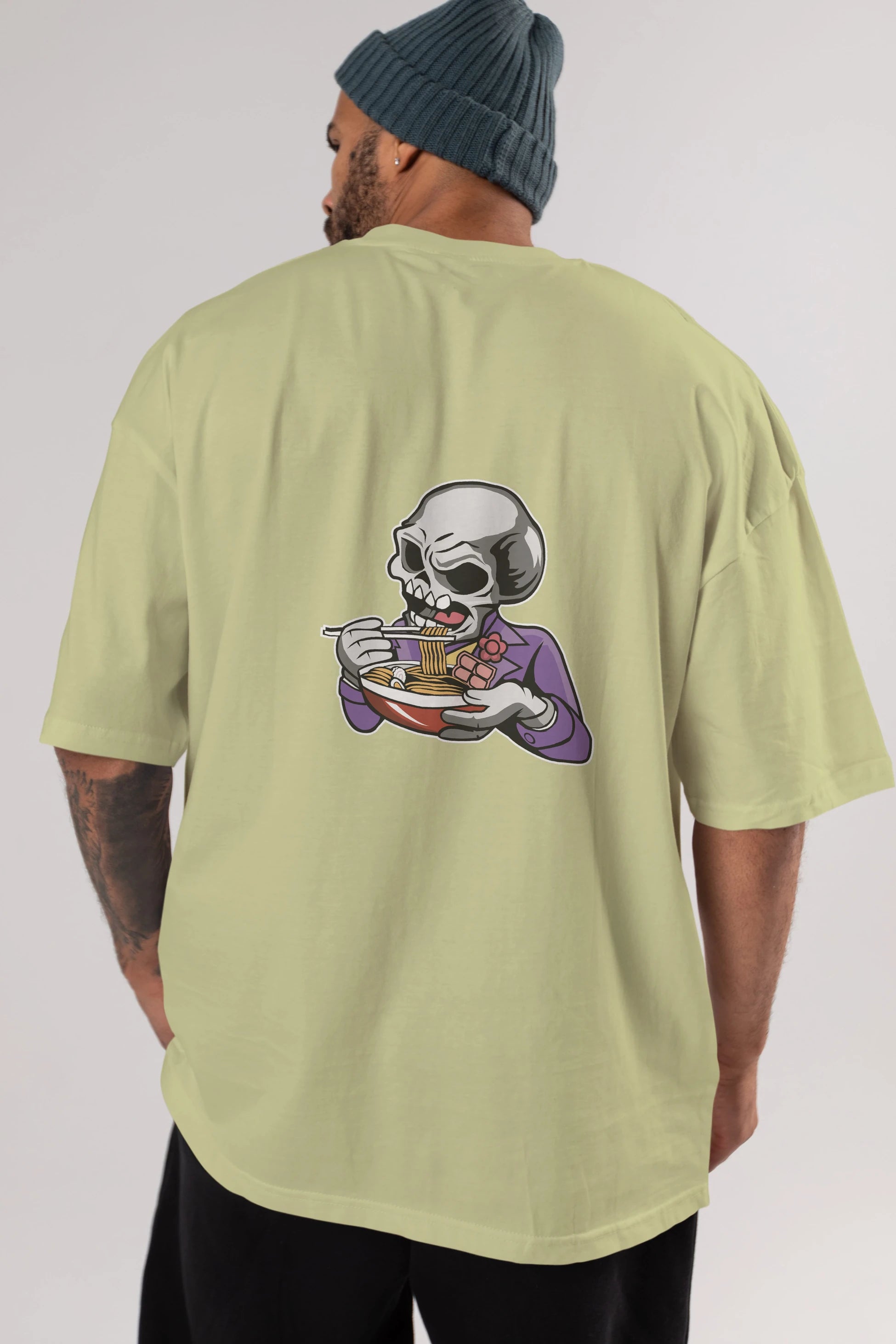 Skull Ramen Arka Baskılı Oversize t-shirt Erkek Kadın Unisex %100 Pamuk tişort