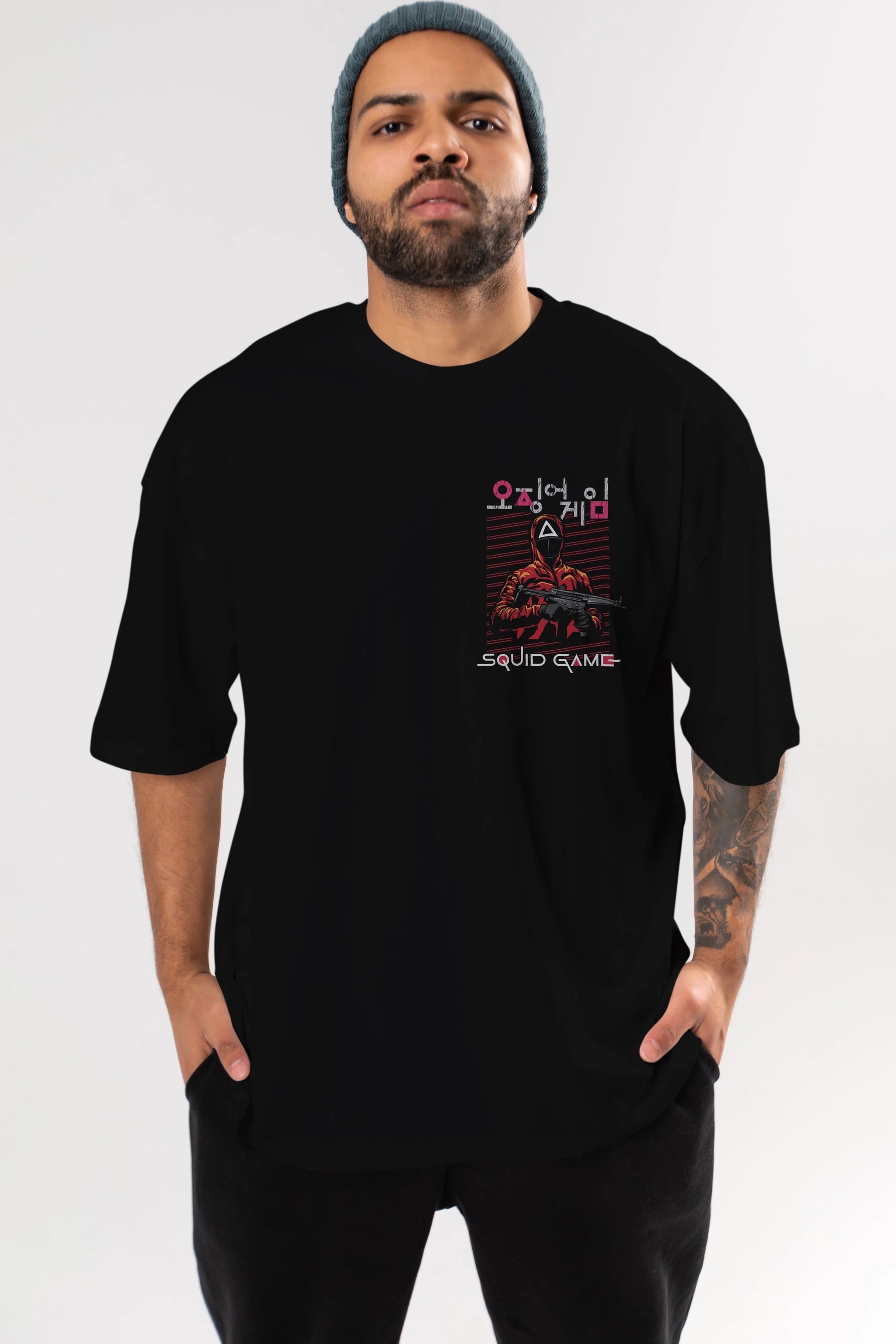 Squid Game (2) Ön Sol Baskılı Oversize t-shirt Erkek Kadın Unisex %100 Pamuk Bisiklet Yaka tişort