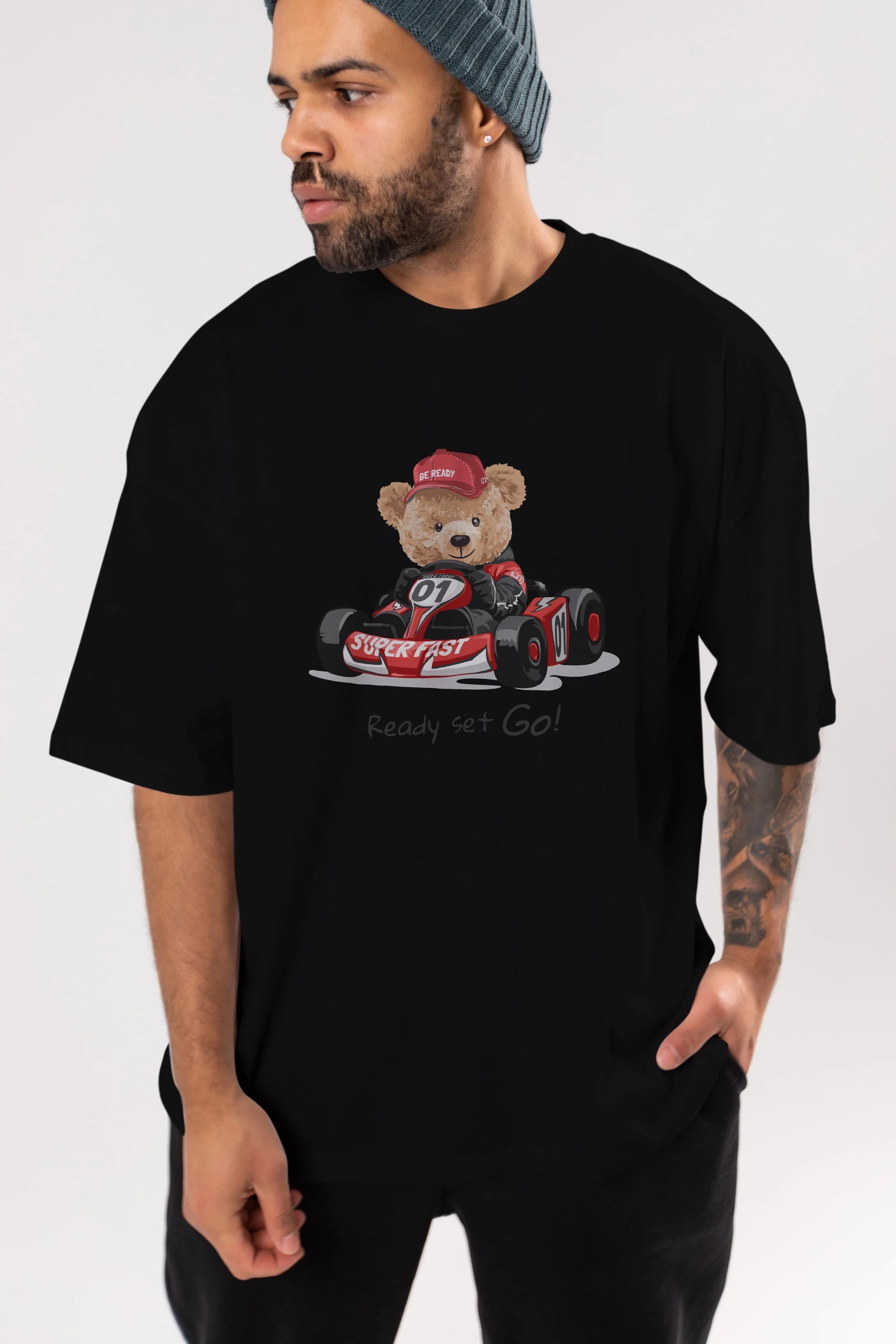 Teddy Bear Ready Set Go Ön Baskılı Oversize t-shirt Erkek Kadın Unisex %100 Pamuk