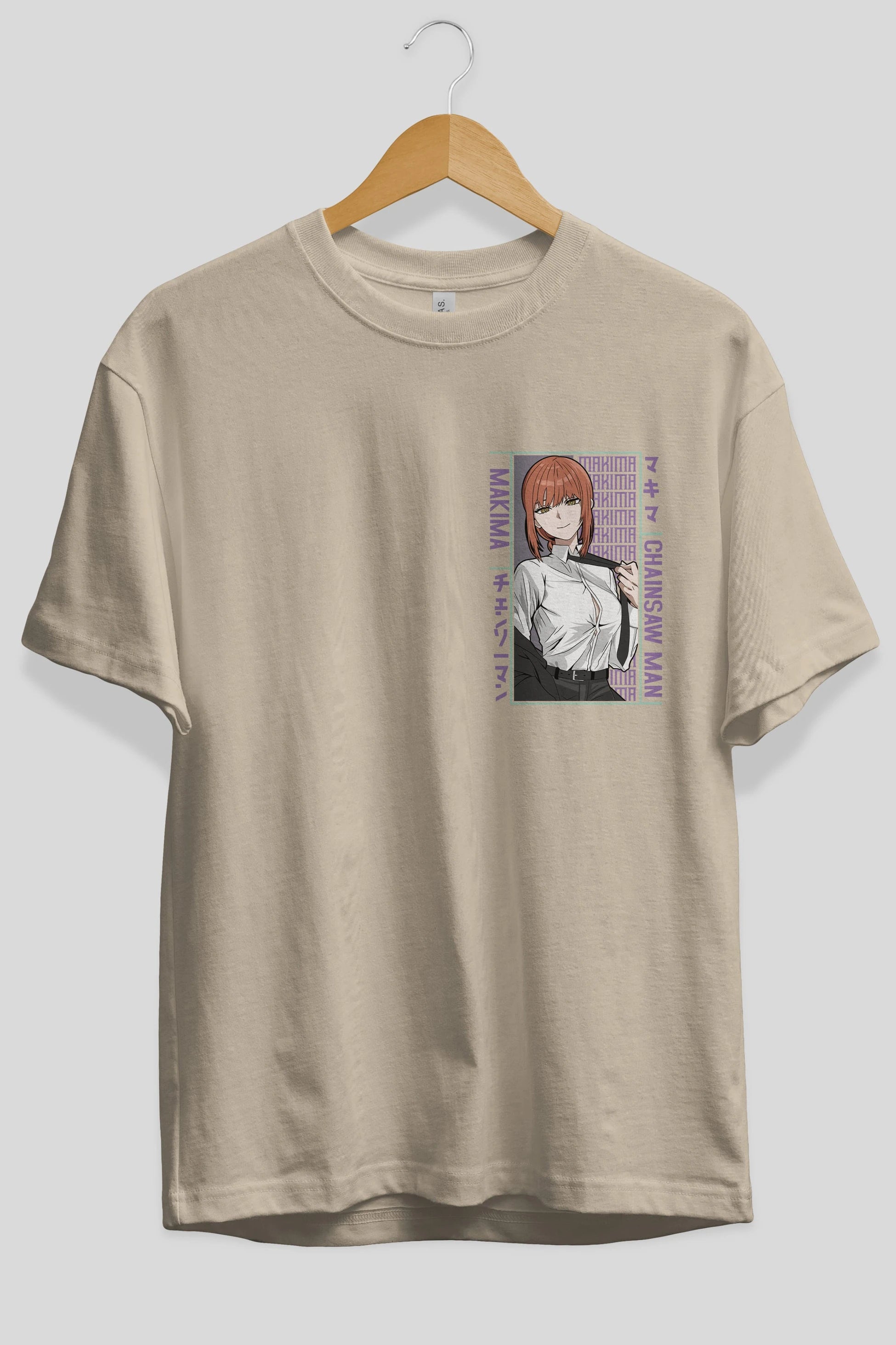 Makima Chain Saw Man Ön Sol Baskılı Oversize t-shirt Erkek Kadın Unisex %100 Pamuk Bisiklet Yaka tişort