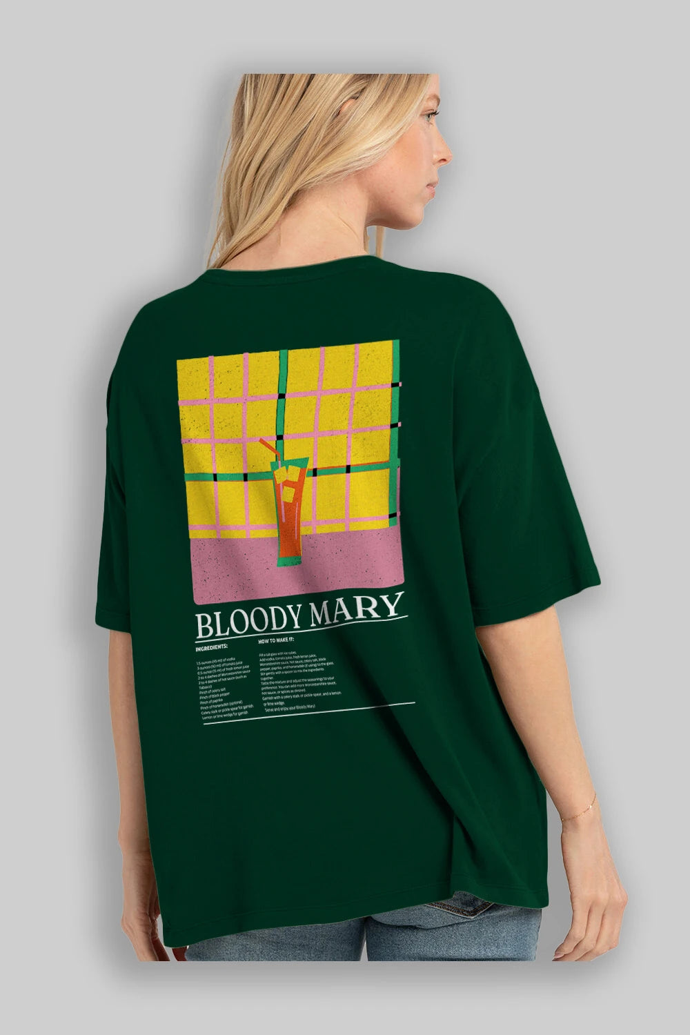 Bloody Mary Kokteyl Serisi Arka Baskılı Oversize t-shirt Erkek Kadın %100 Pamuk Bisiklet Yaka tişort