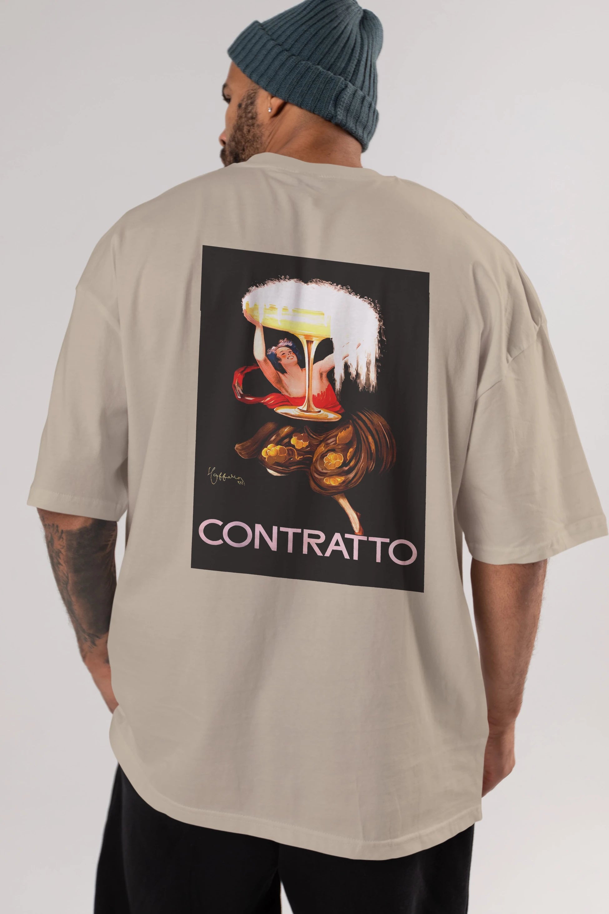 Contratto Arka Baskılı Oversize t-shirt Erkek Kadın Unisex %100 Pamuk Bisiklet Yaka tişort