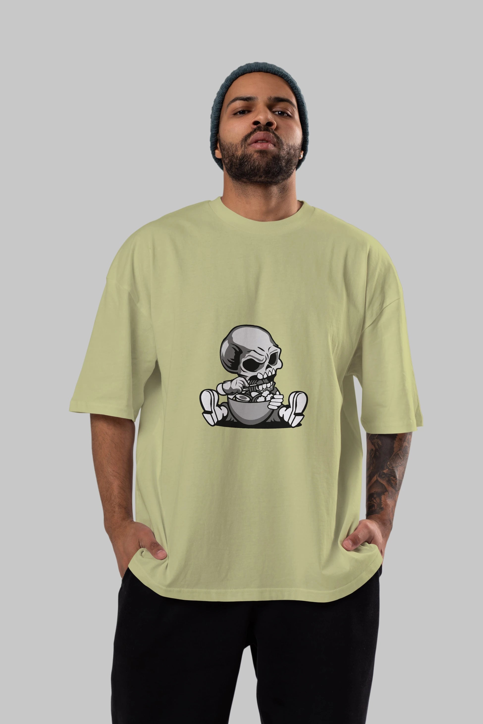 Skull Eat Ramen Ön Baskılı Oversize t-shirt Erkek Kadın Unisex %100 Pamuk tişort