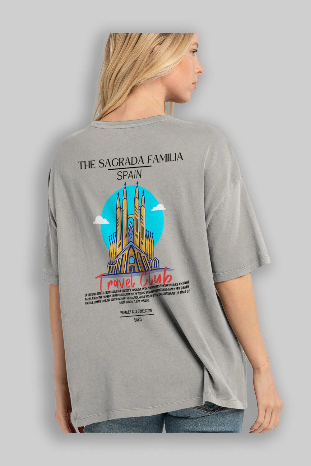 The Sagrada Familia Spain Arka Baskılı Oversize t-shirt Erkek Kadın Pamuk Bisiklet Yaka tişort