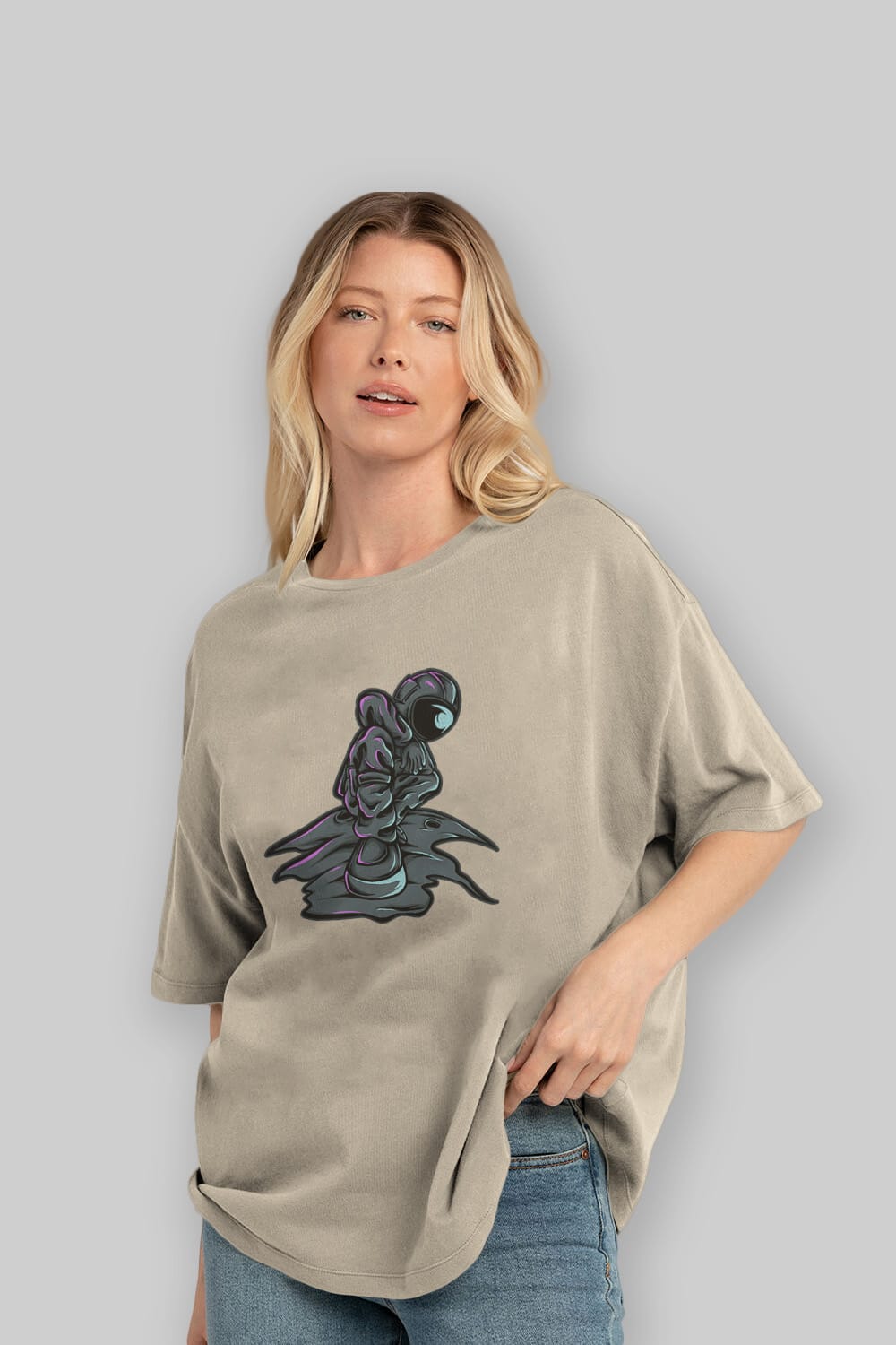 Stylish Astronaut Ön Baskılı Oversize t-shirt Erkek Kadın Unisex