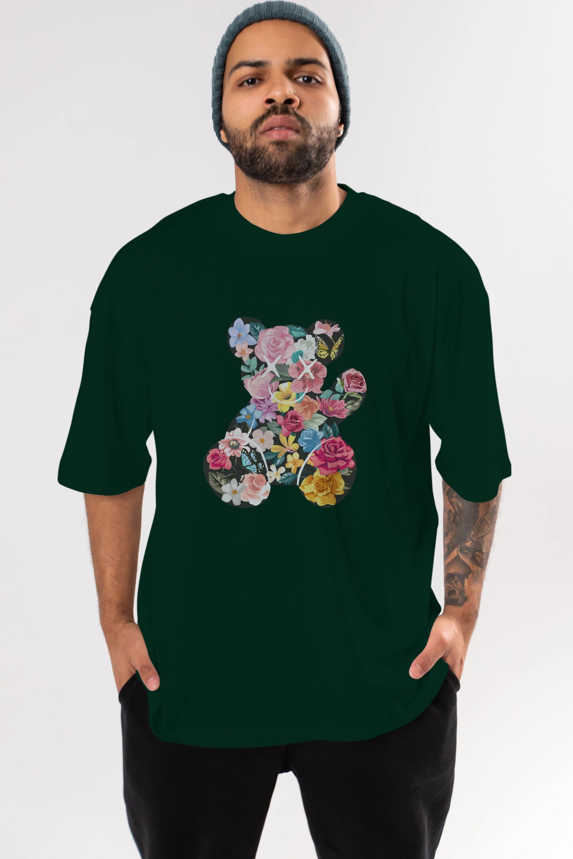 Flowers Bear Ön Baskılı Oversize t-shirt Erkek Kadın Unisex